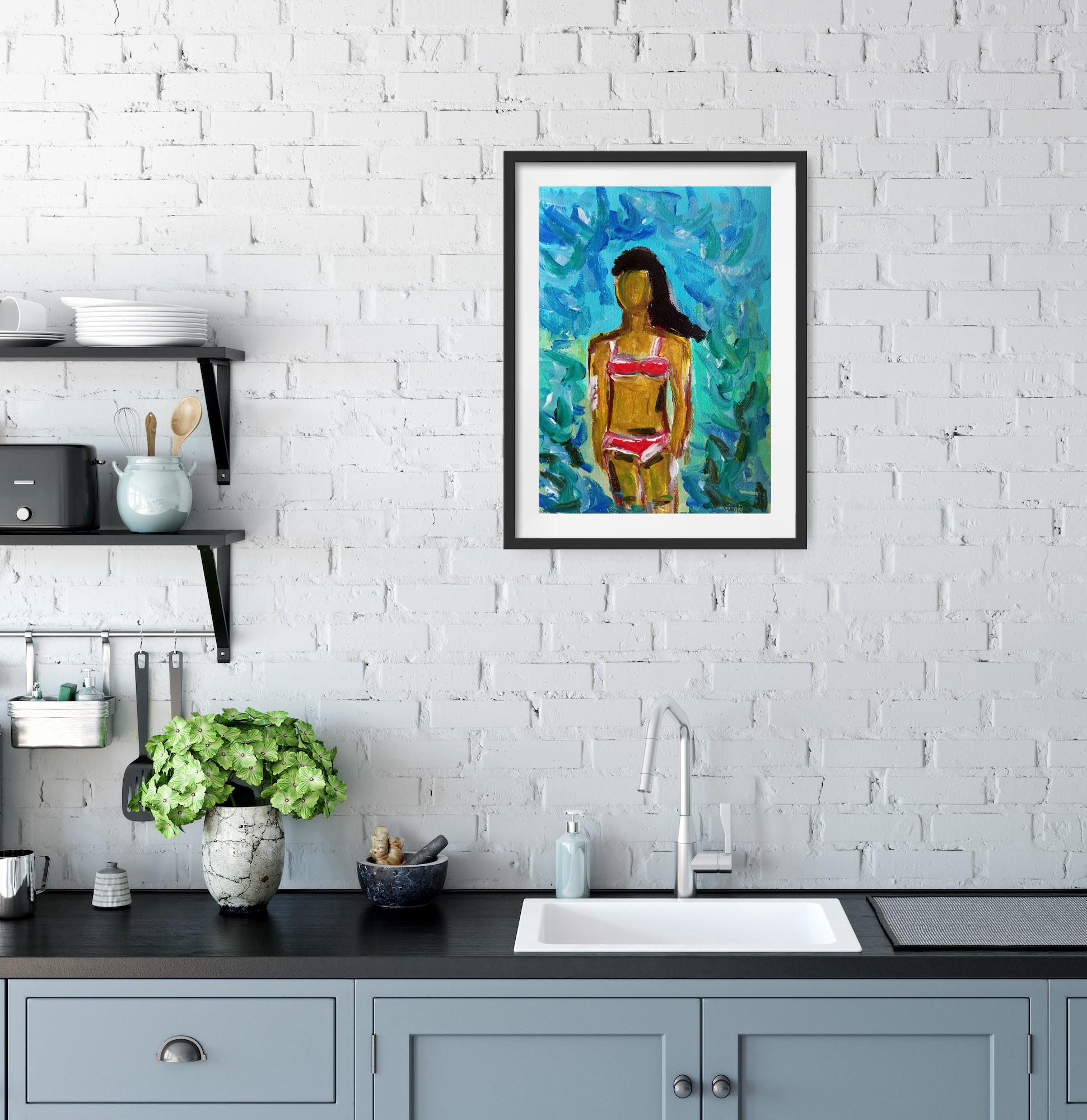 Contemporary expressive bunte figurative Acrylmalerei der Frau auf Papier im Angebot 1