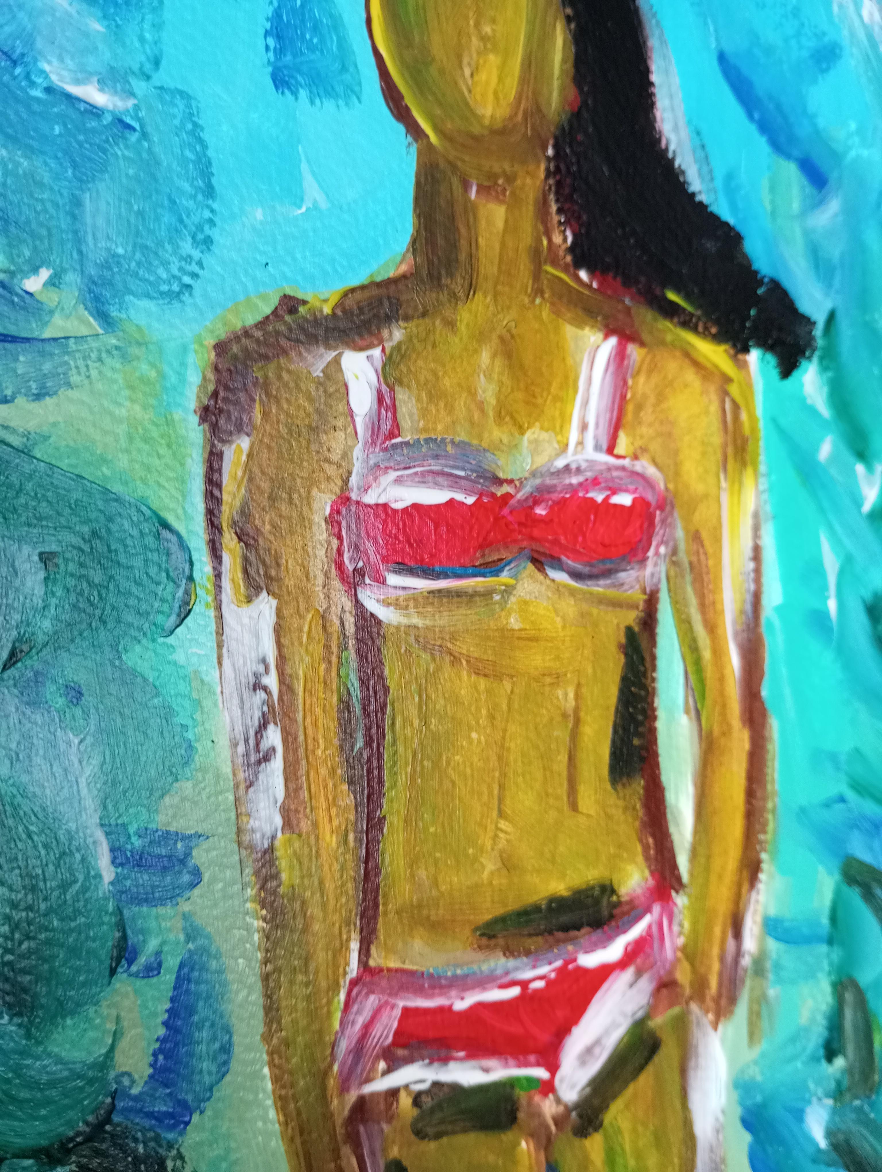 Contemporary expressive bunte figurative Acrylmalerei der Frau auf Papier im Angebot 4