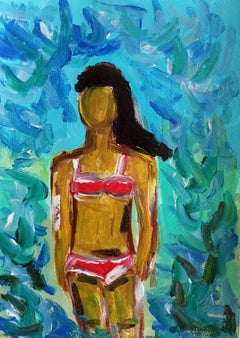 Contemporary expressive colorful figurative acrylic painting of woman on paper