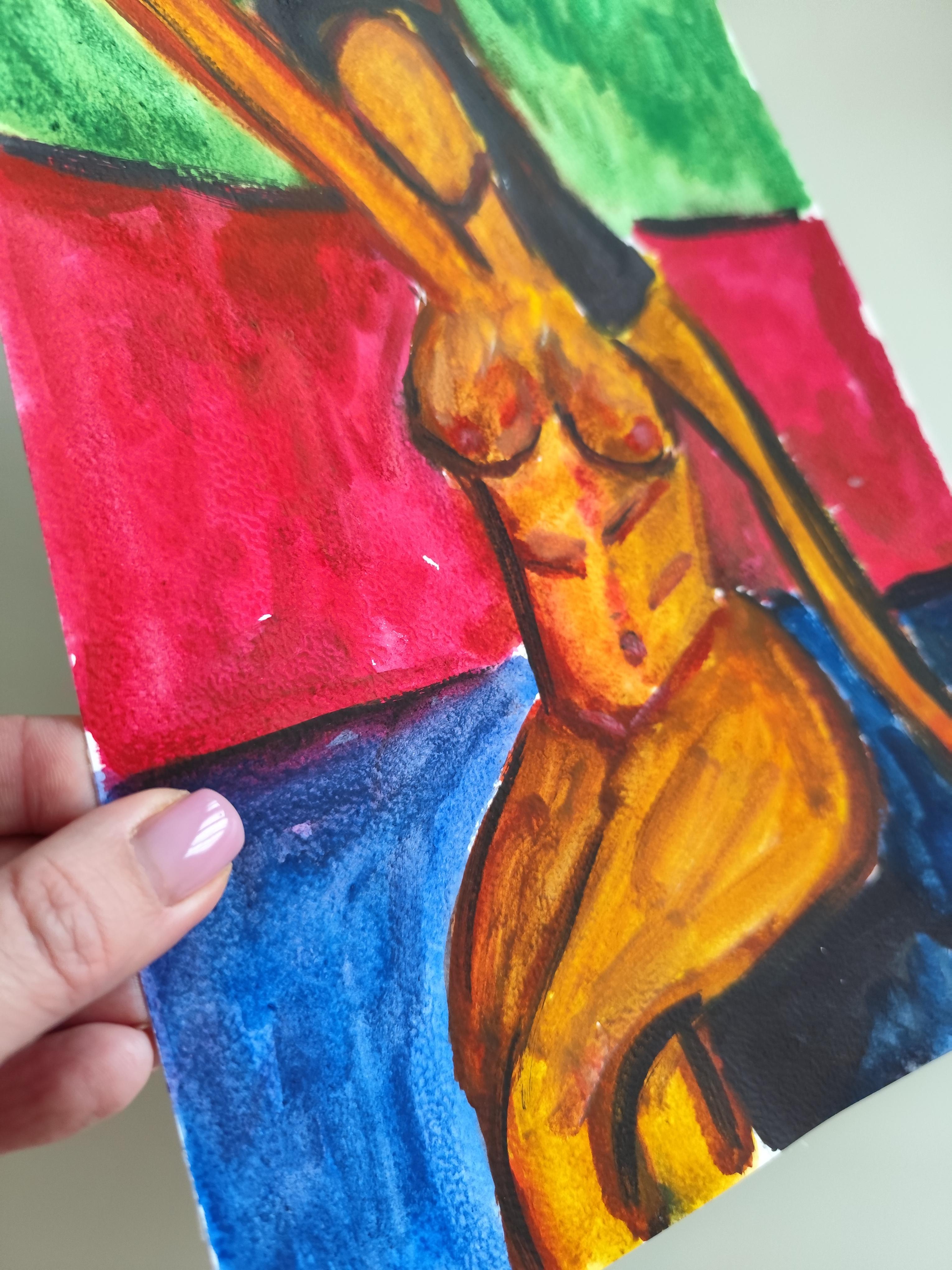 Pittura figurativa astratta ad acquerello donna nuda su carta 