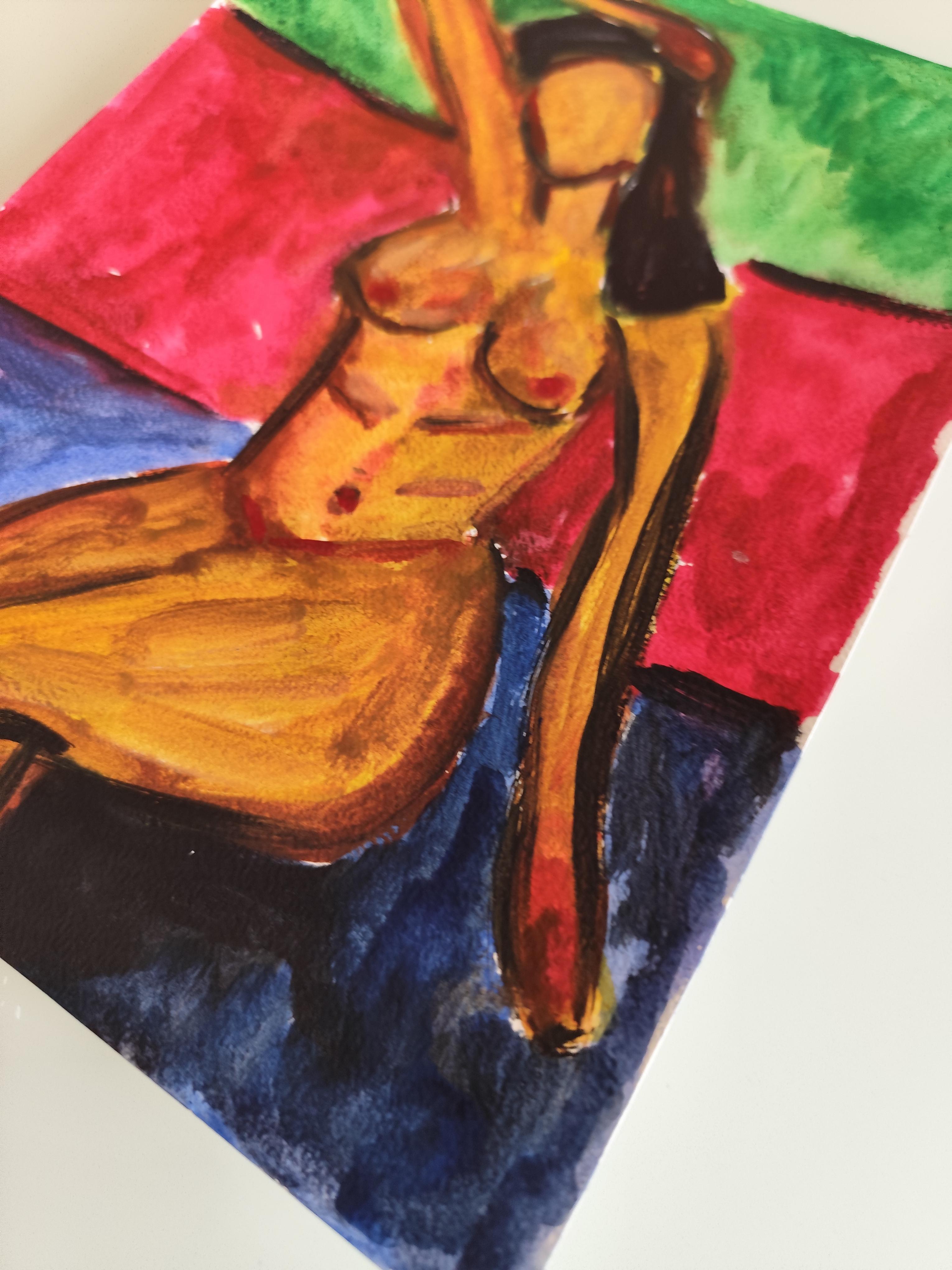 Pittura figurativa astratta ad acquerello donna nuda su carta 
