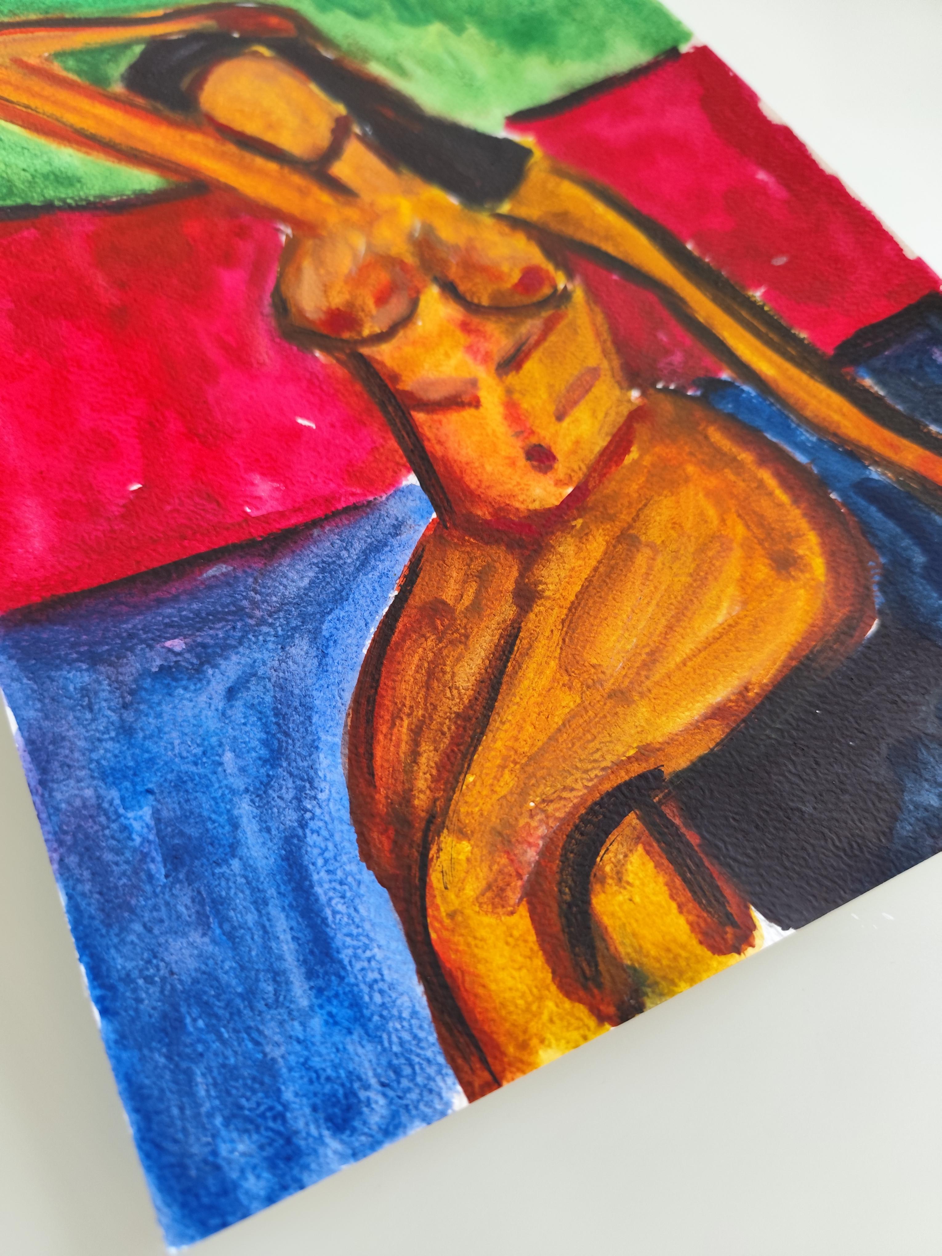 Pittura figurativa astratta ad acquerello donna nuda su carta 