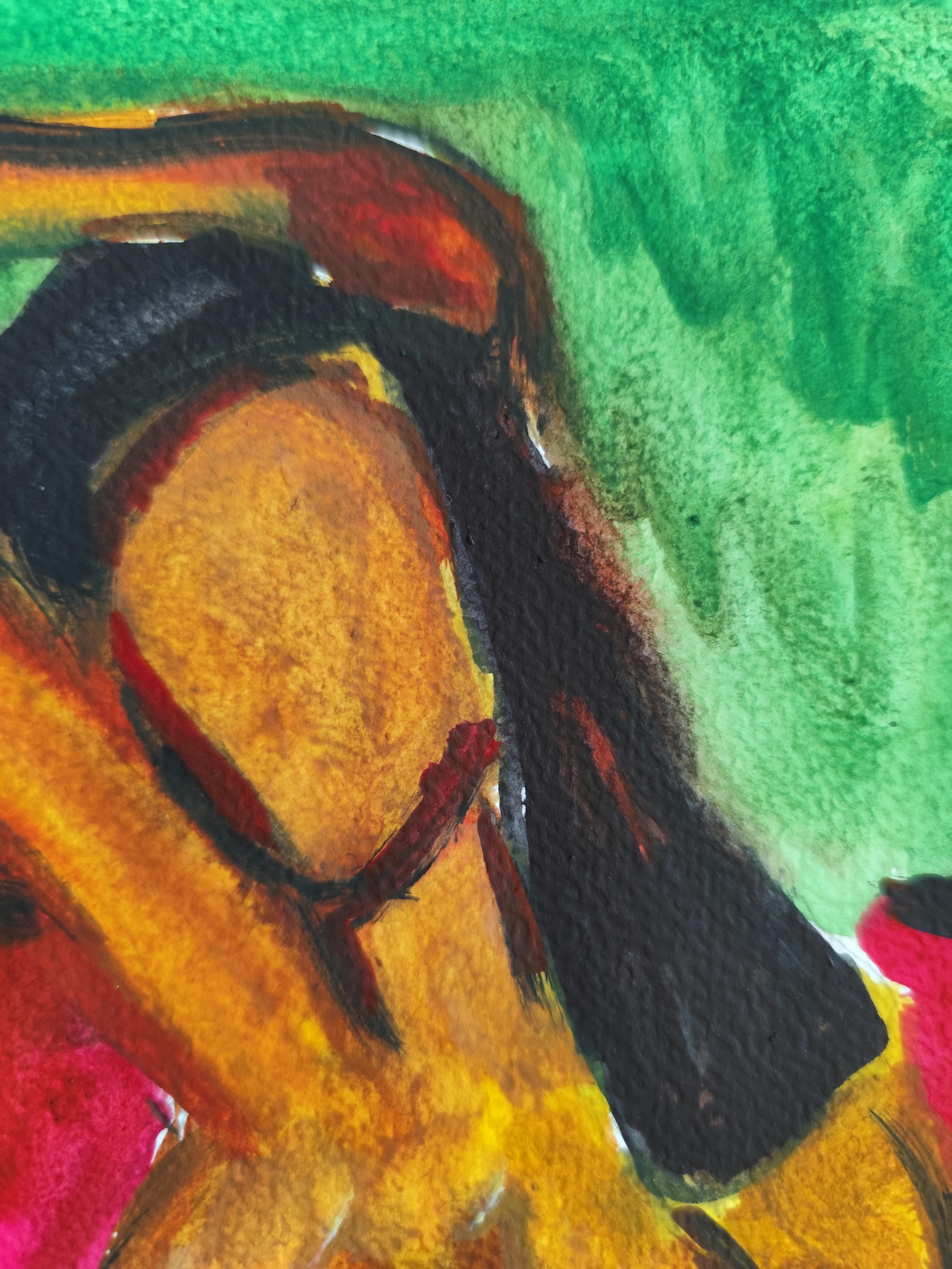 Pittura figurativa astratta ad acquerello donna nuda su carta 