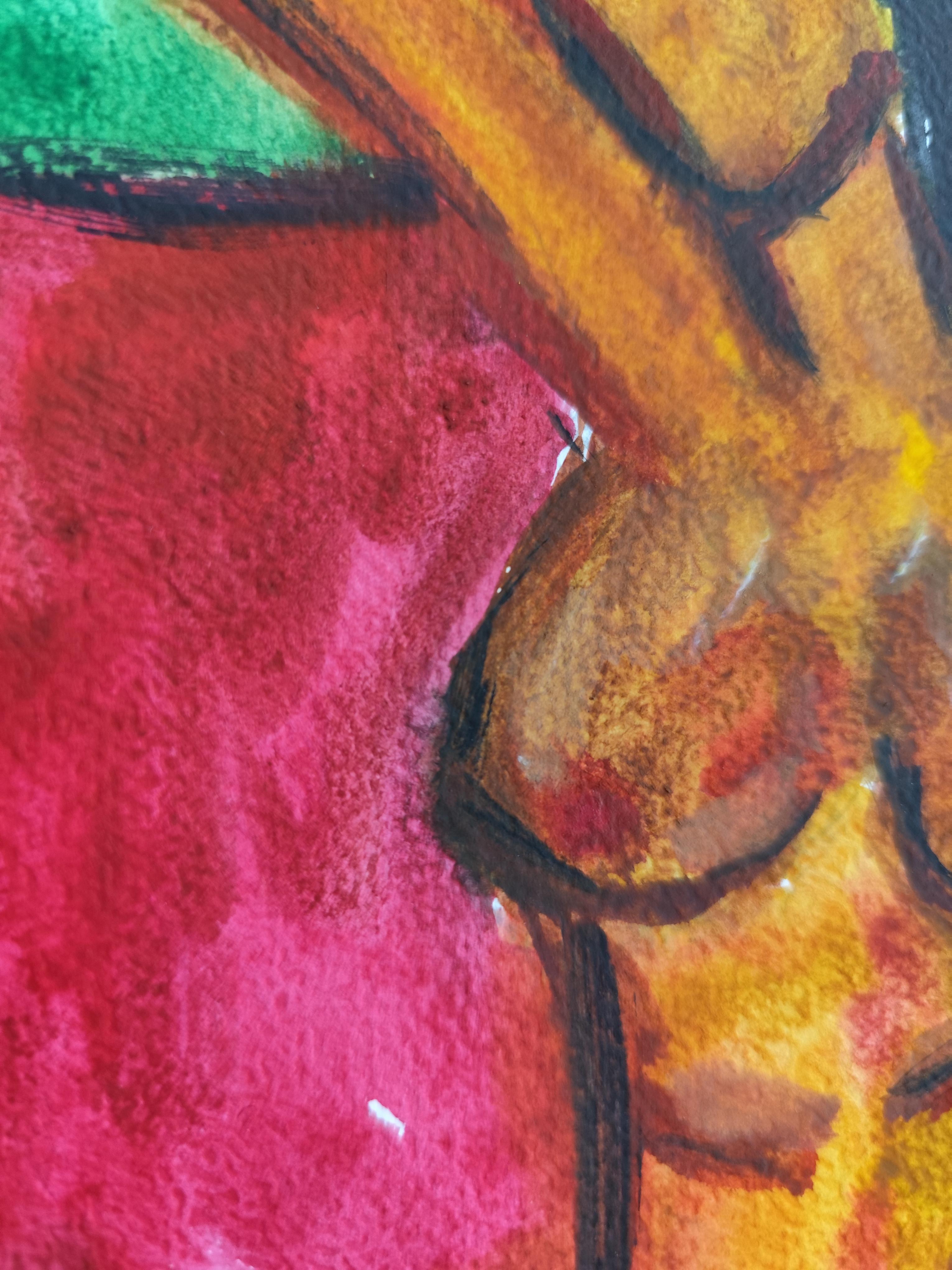 Pittura figurativa astratta ad acquerello donna nuda su carta 