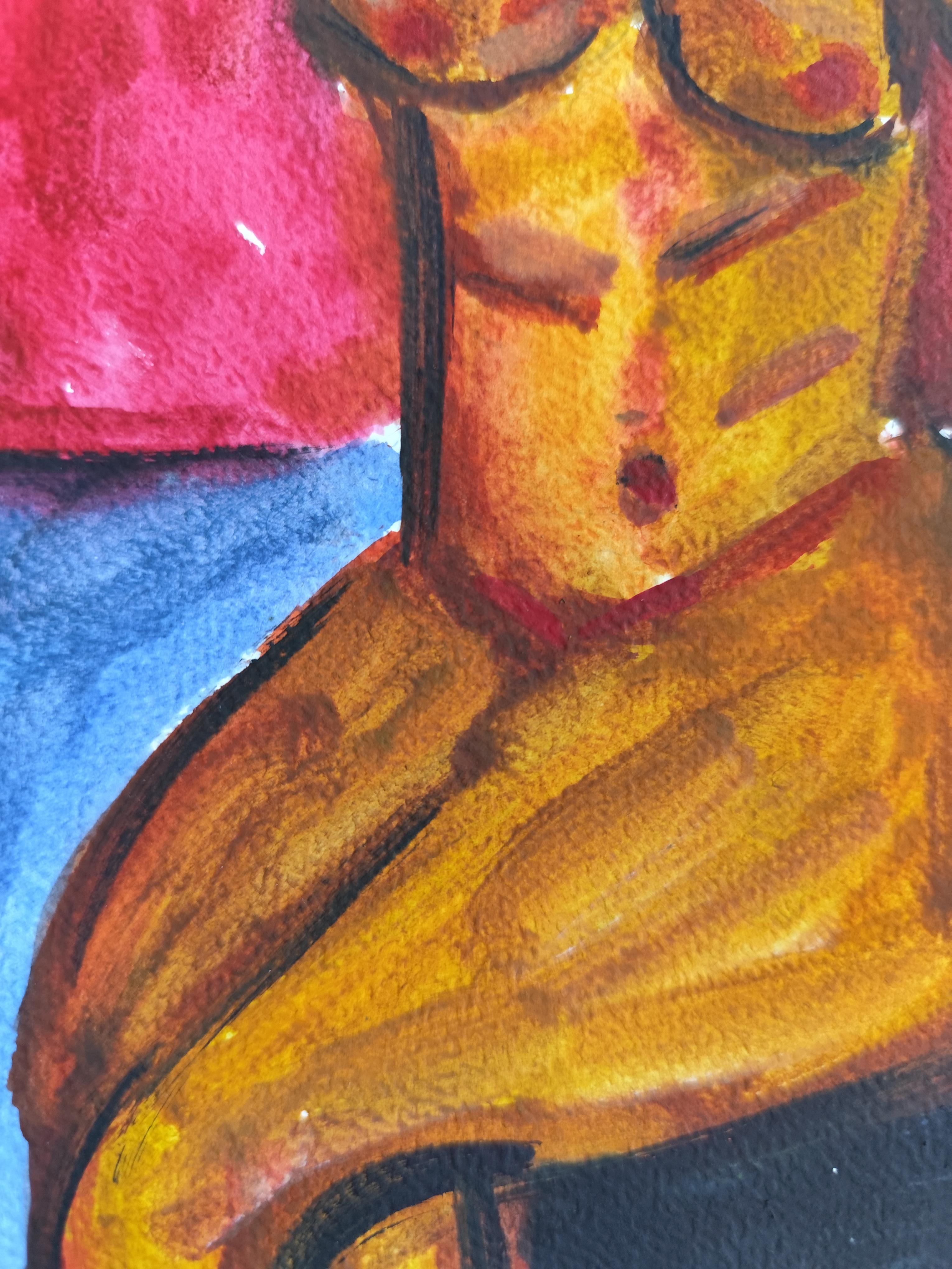 Pittura figurativa astratta ad acquerello donna nuda su carta 