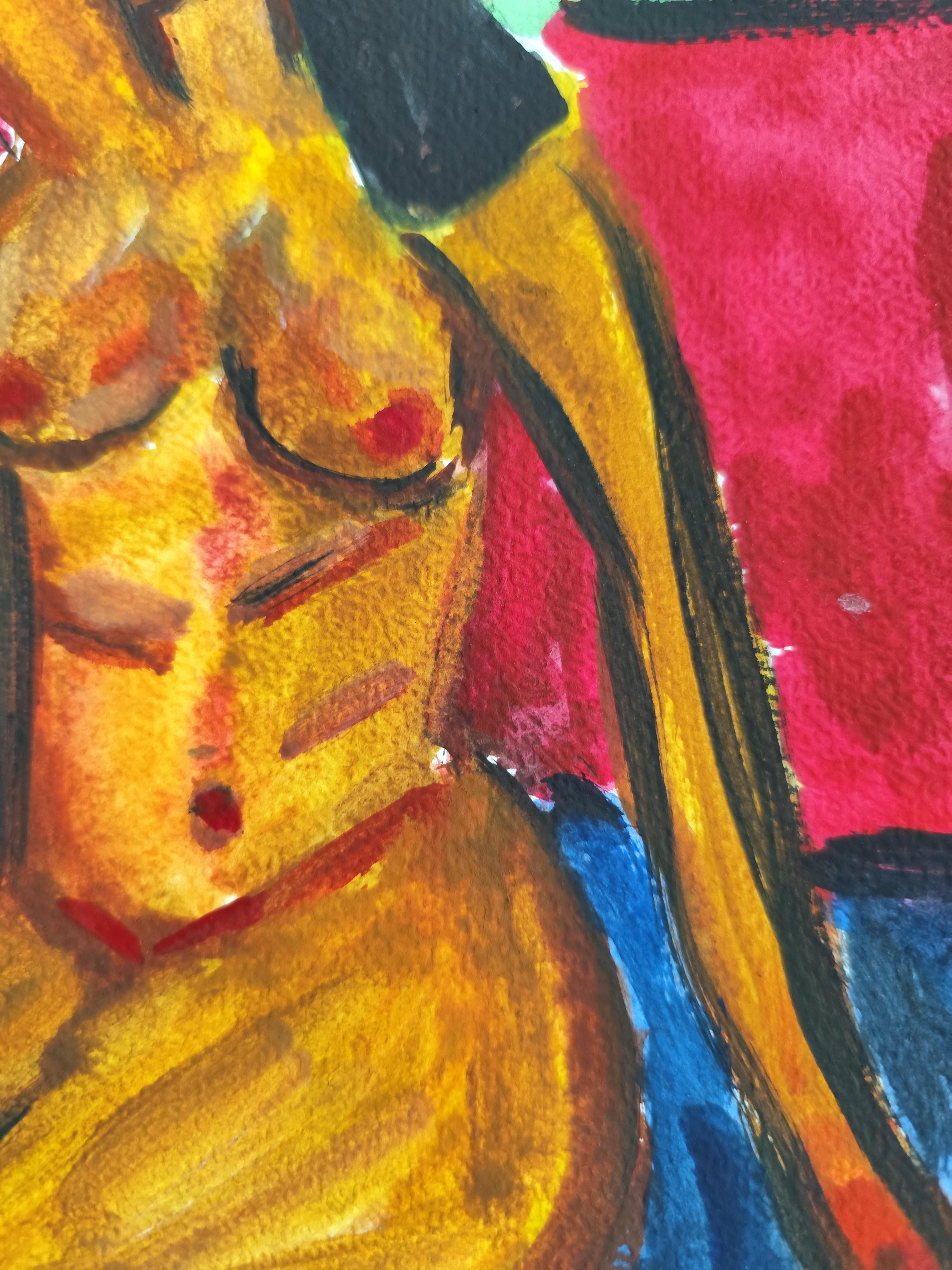 Pittura figurativa astratta ad acquerello donna nuda su carta 