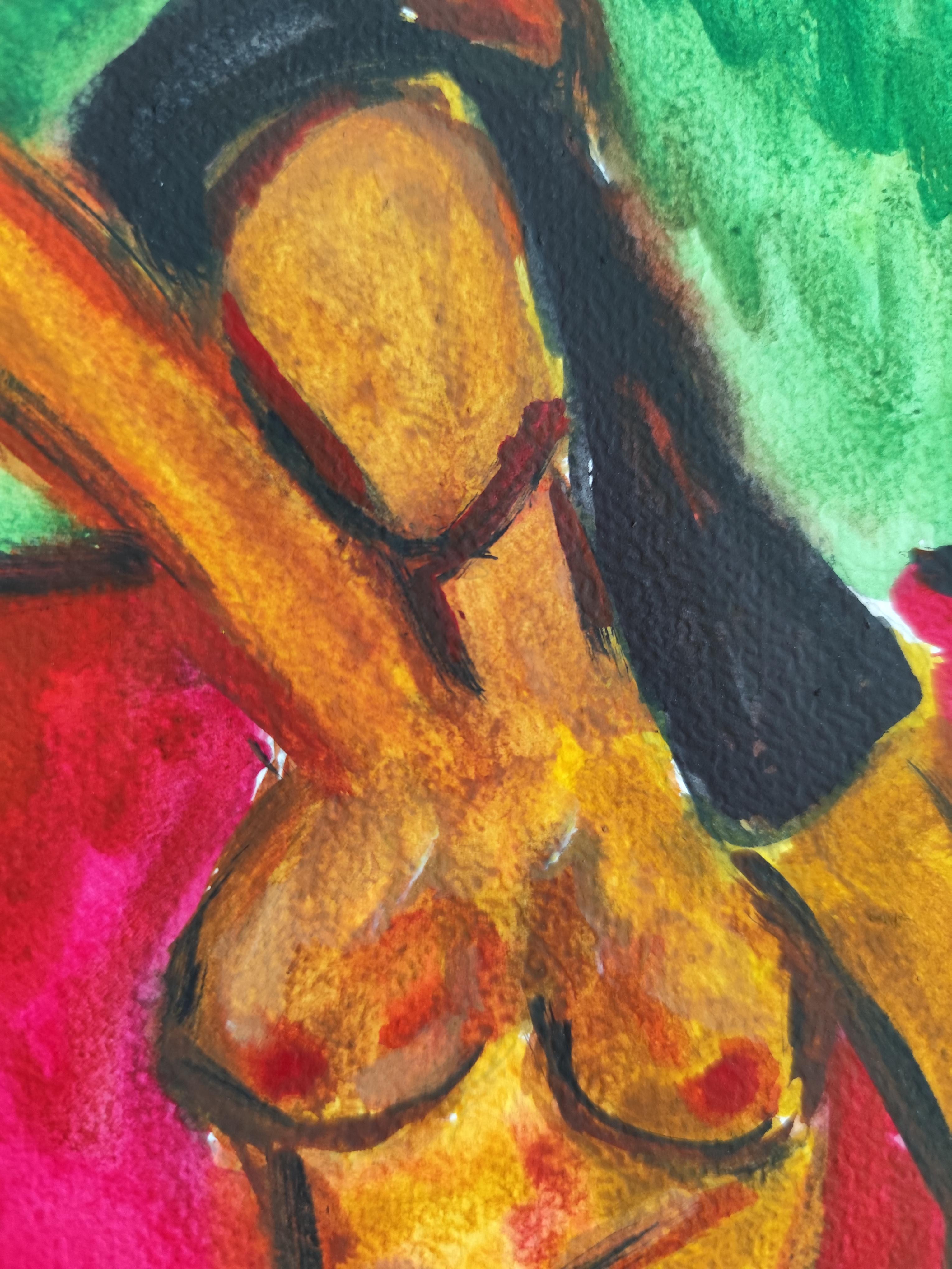 Pittura figurativa astratta ad acquerello donna nuda su carta 
