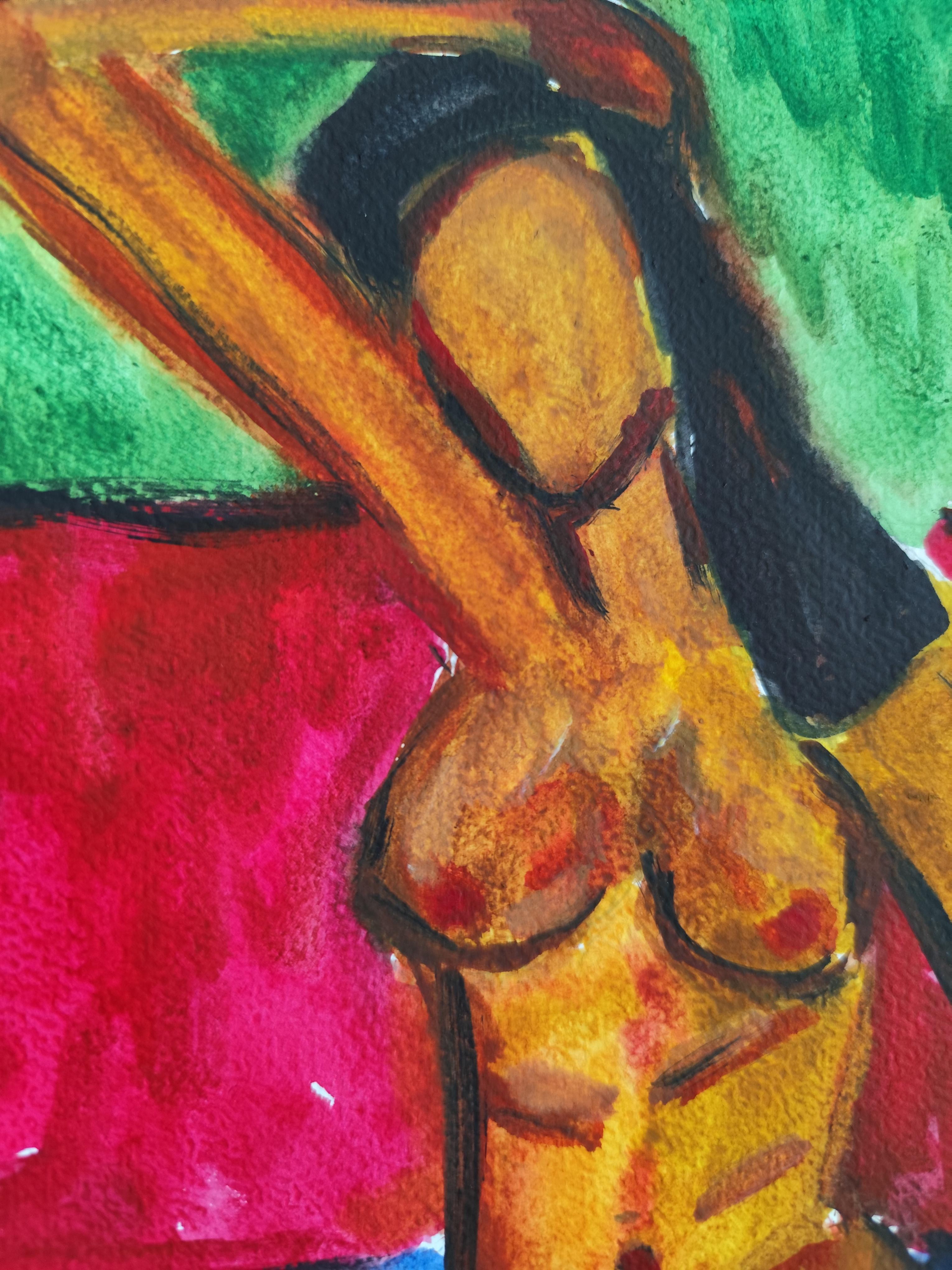 Pittura figurativa astratta ad acquerello donna nuda su carta 