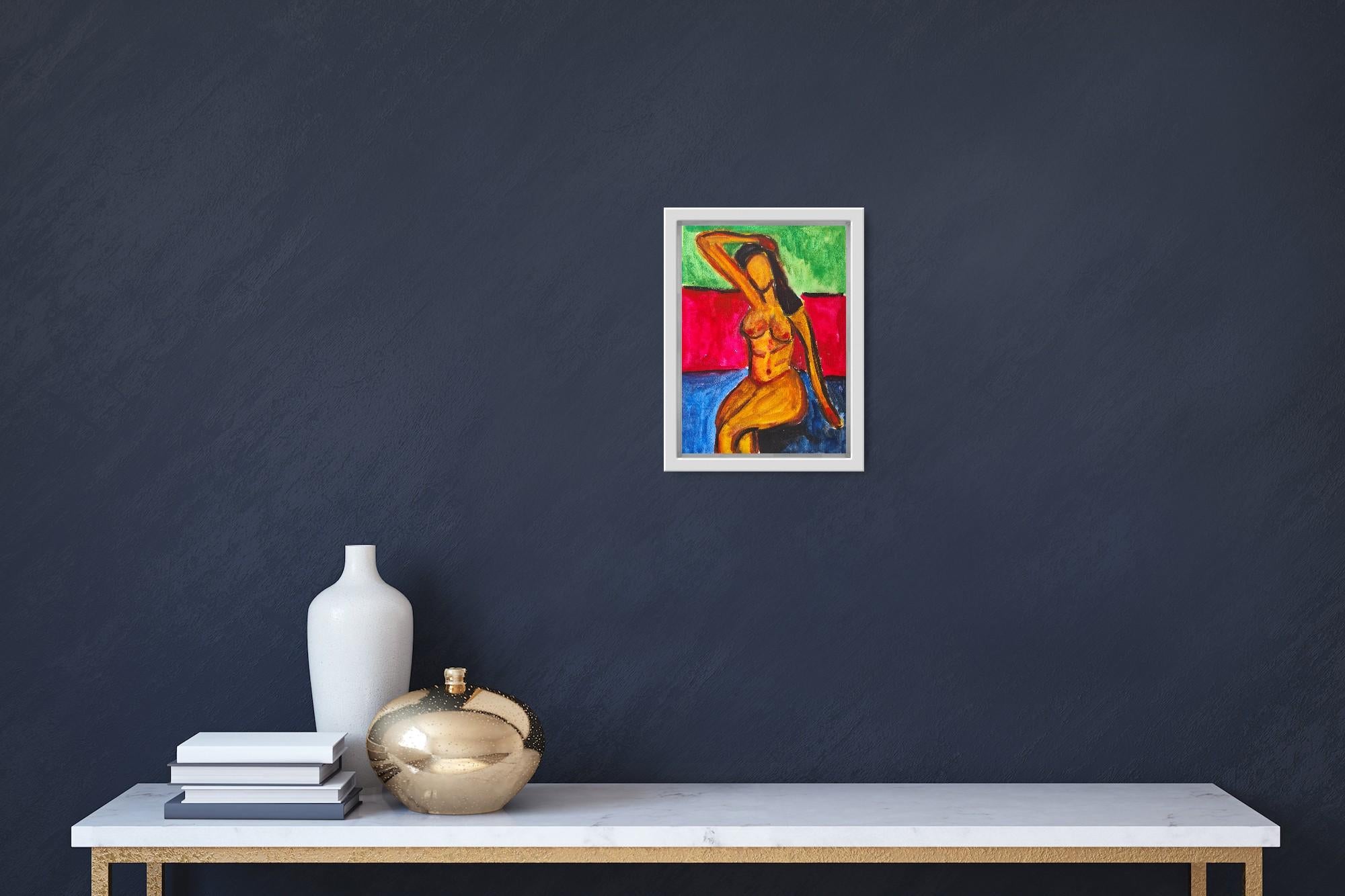 Pittura figurativa astratta ad acquerello donna nuda su carta 