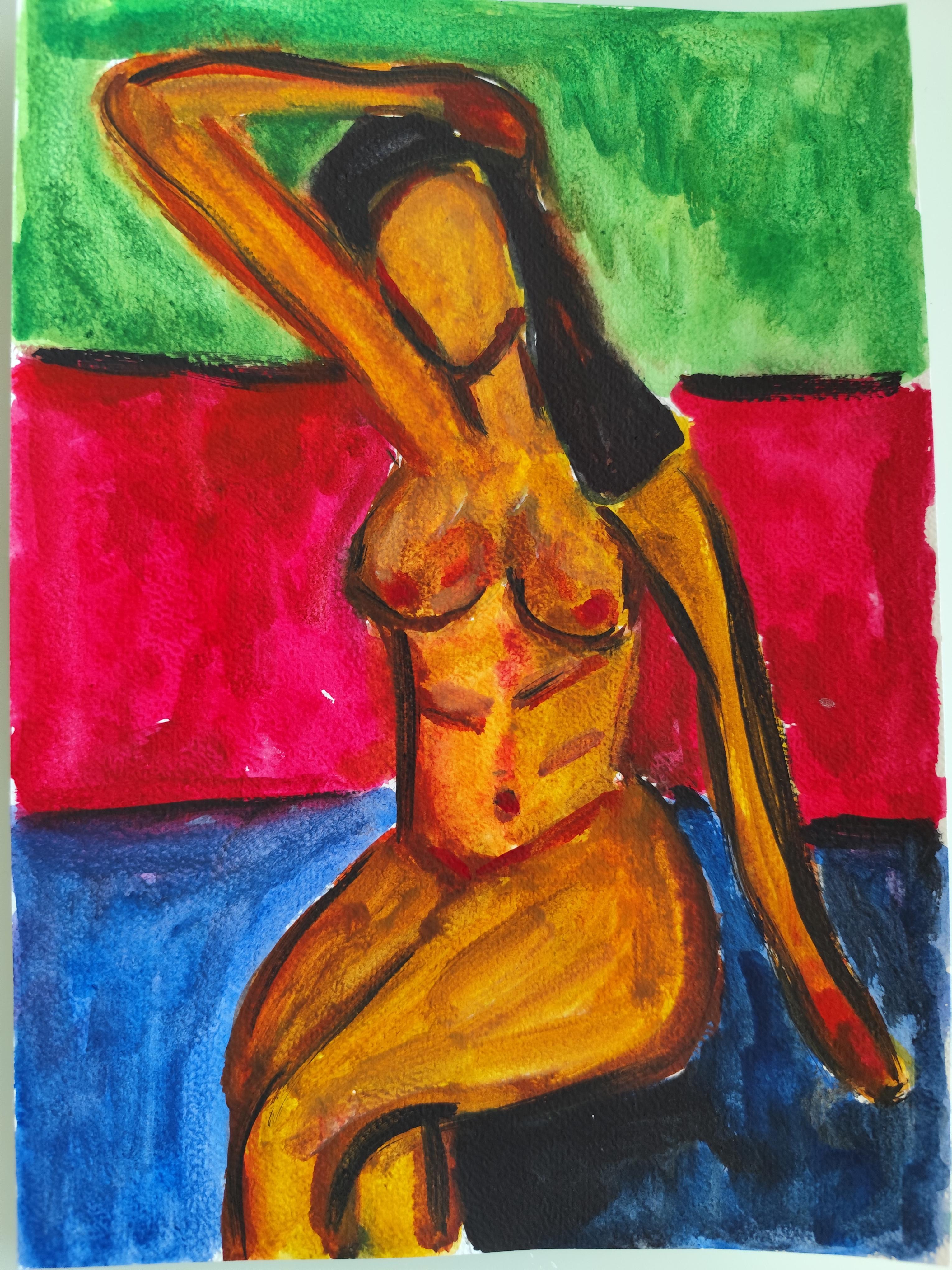 Pittura figurativa astratta ad acquerello donna nuda su carta 