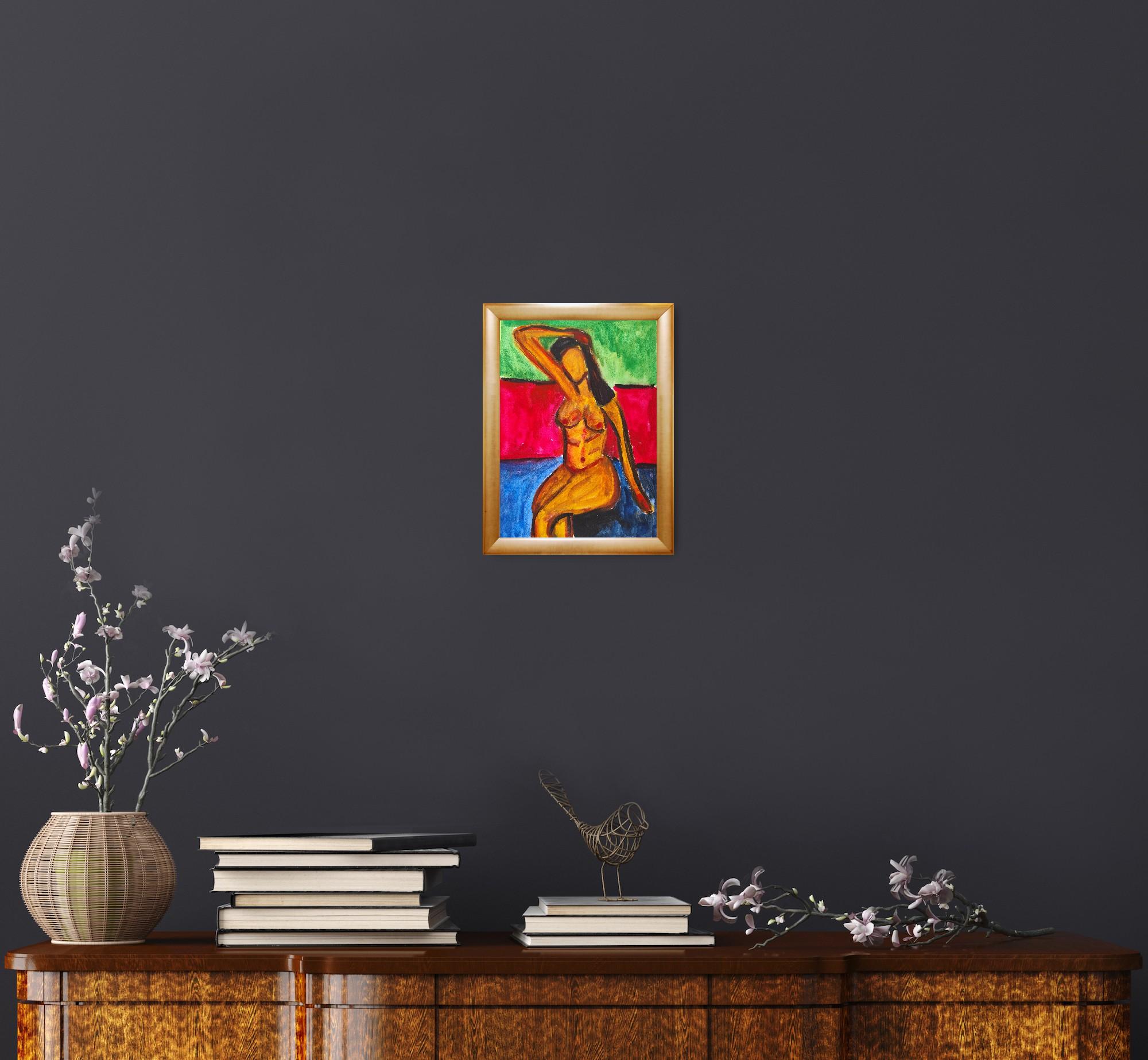 Pittura figurativa astratta ad acquerello donna nuda su carta 