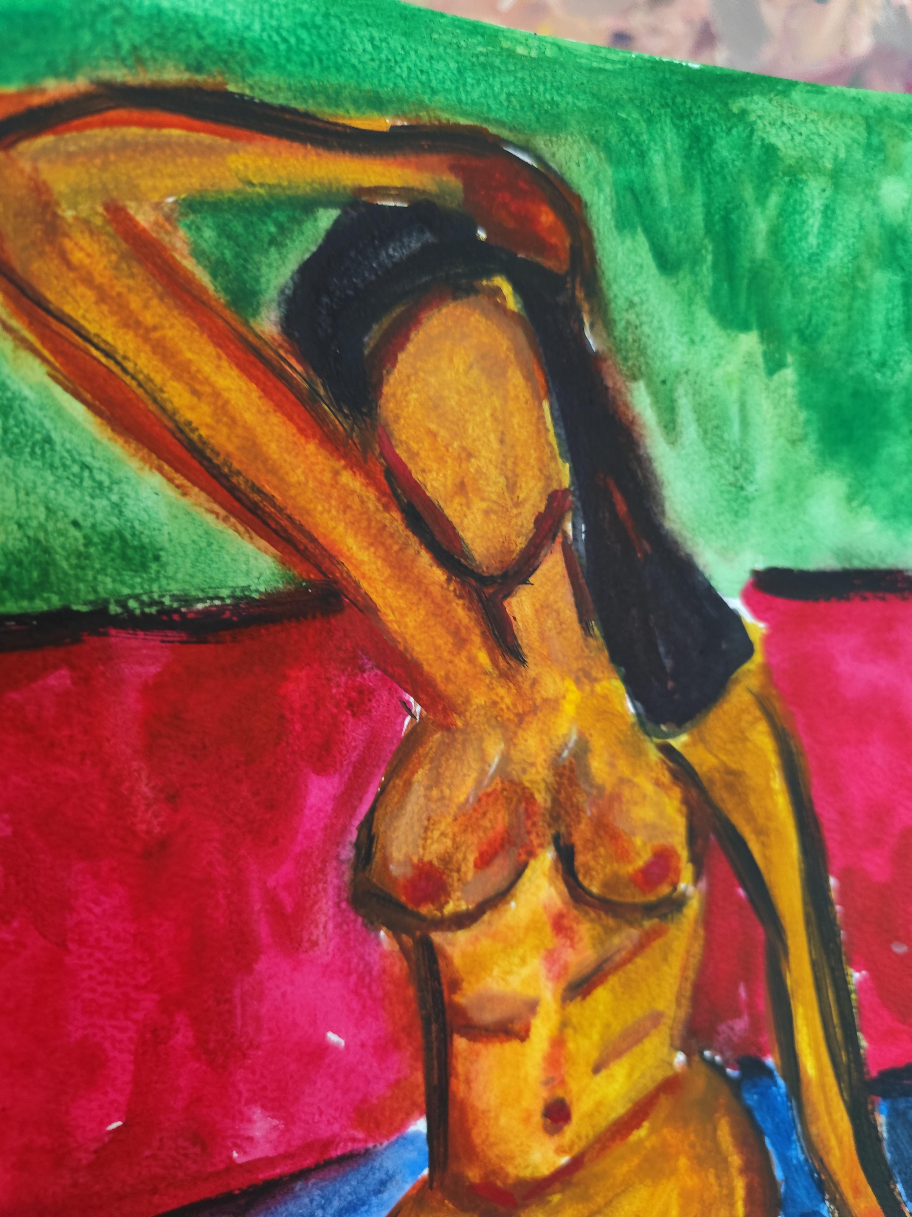 Pittura figurativa astratta ad acquerello donna nuda su carta 