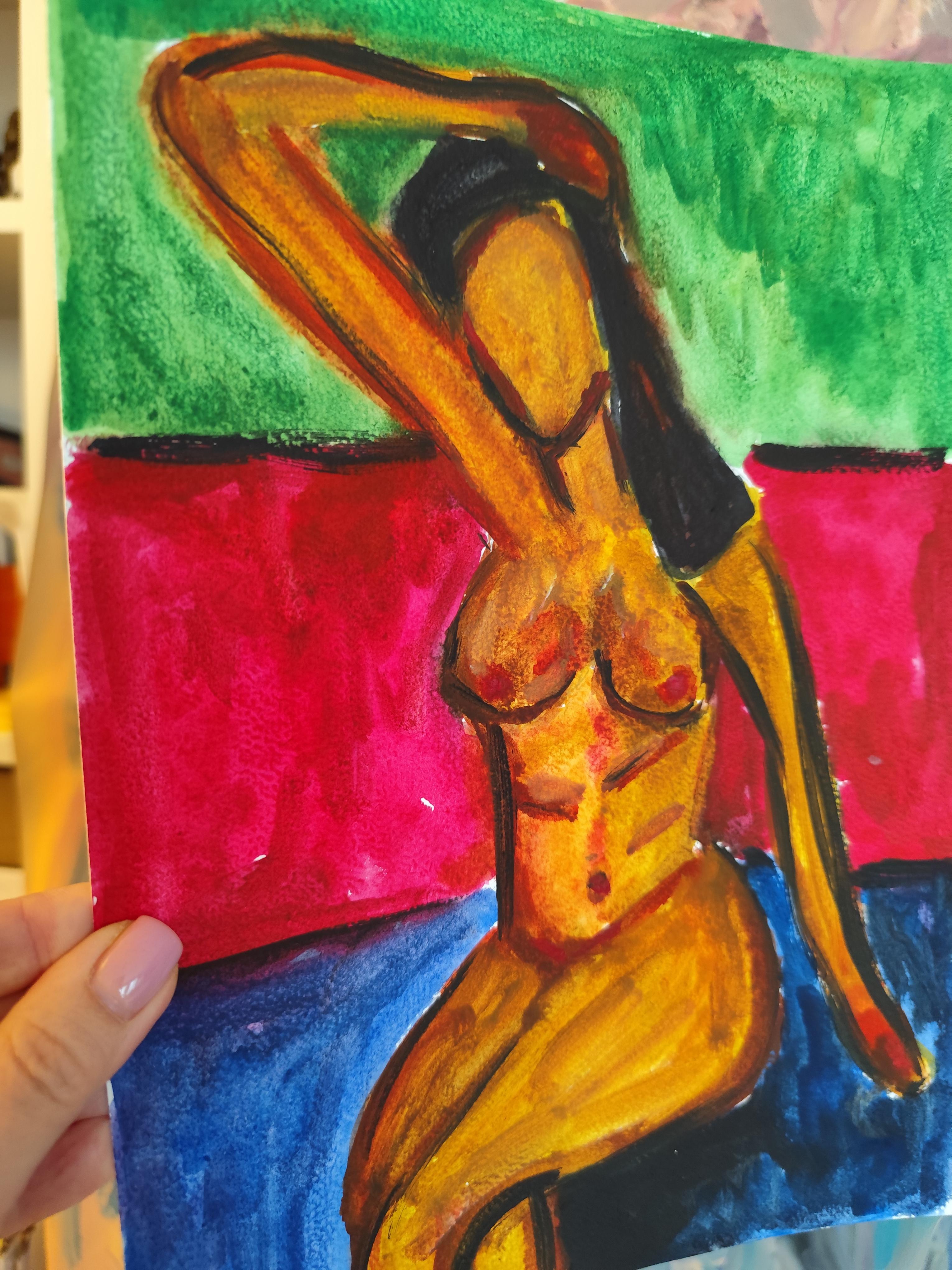 Pittura figurativa astratta ad acquerello donna nuda su carta 