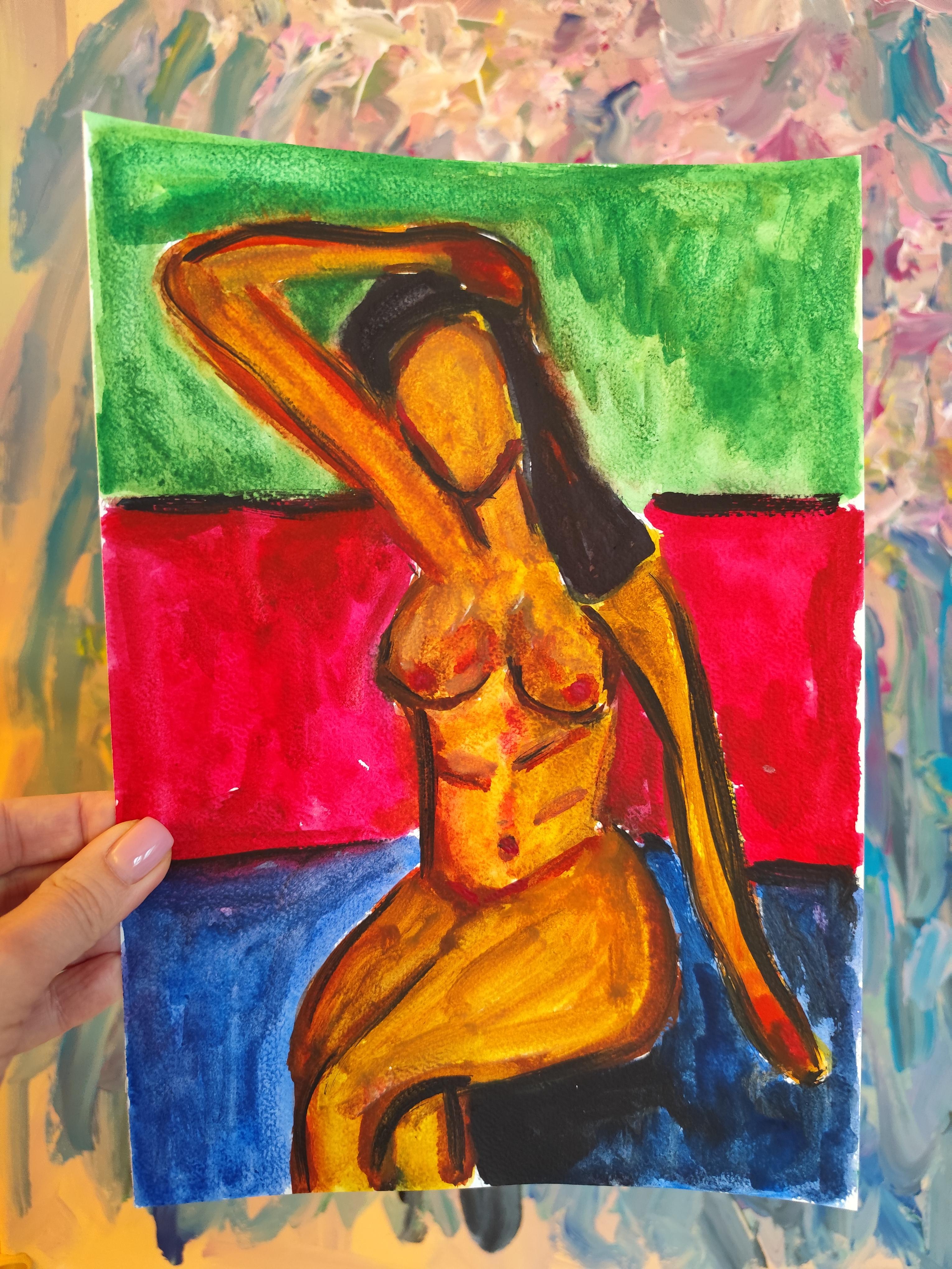 Pittura figurativa astratta ad acquerello donna nuda su carta 