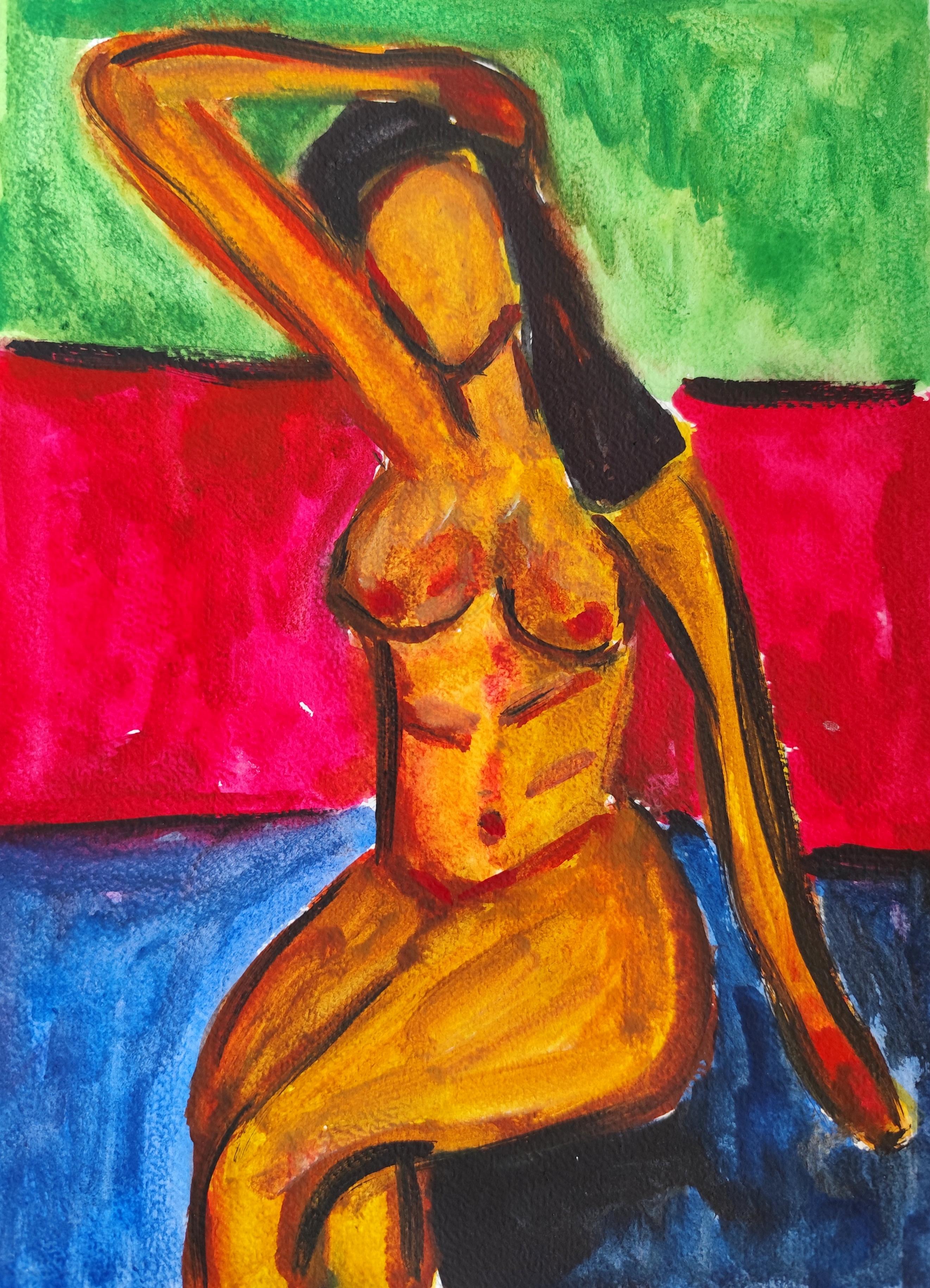 Pittura figurativa astratta ad acquerello donna nuda su carta "Un momento di donna"