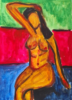Figurative abstract watercolor painting naked woman paper "A woman's moment"
