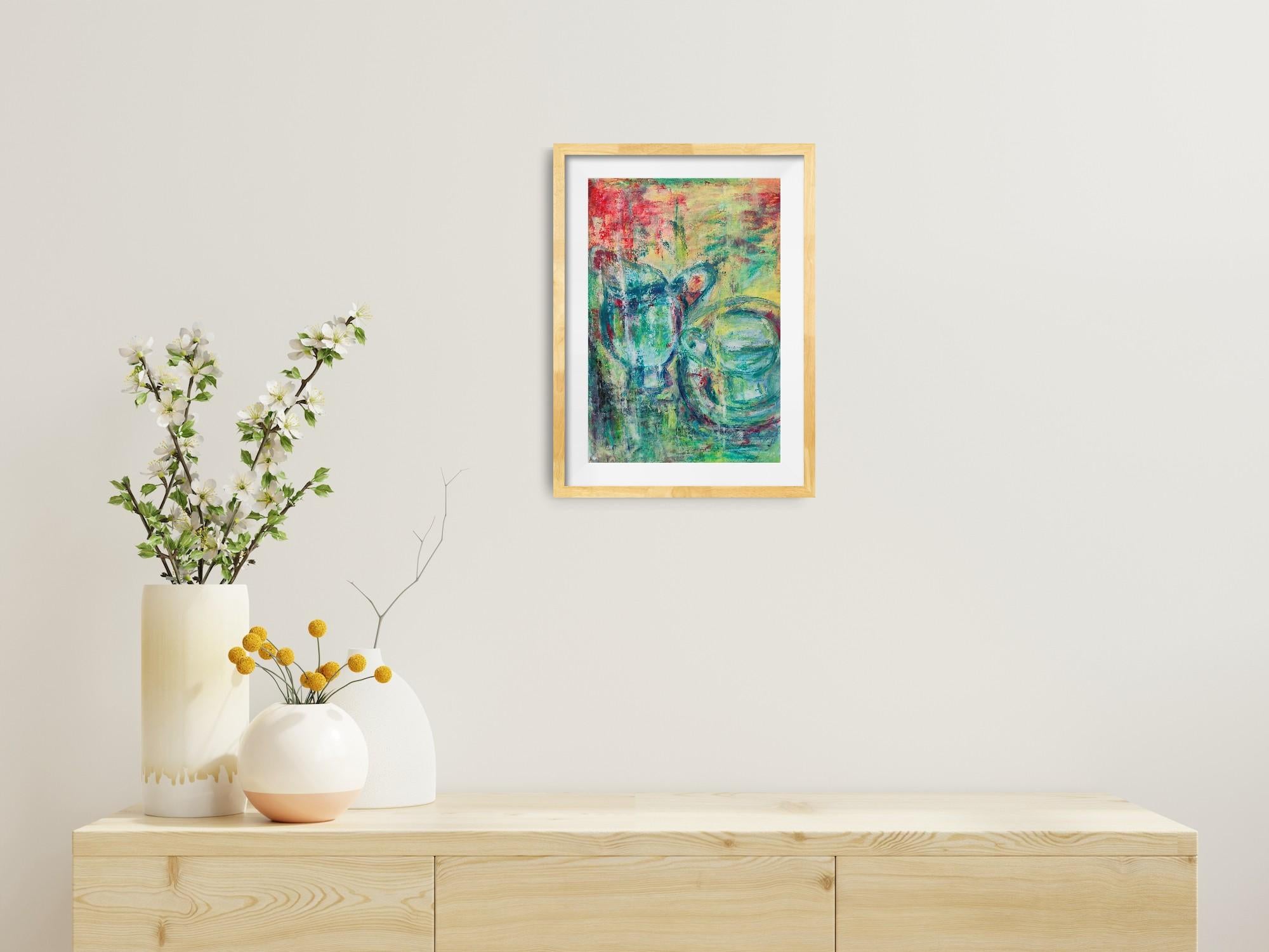 Pittura ad olio su carta di natura morta astratta impressionista ed espressiva 