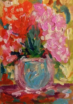 "Blumenfreude" (kleines ausdrucksstarkes impressionistisches Ölgemälde in Blumenform auf Papier)