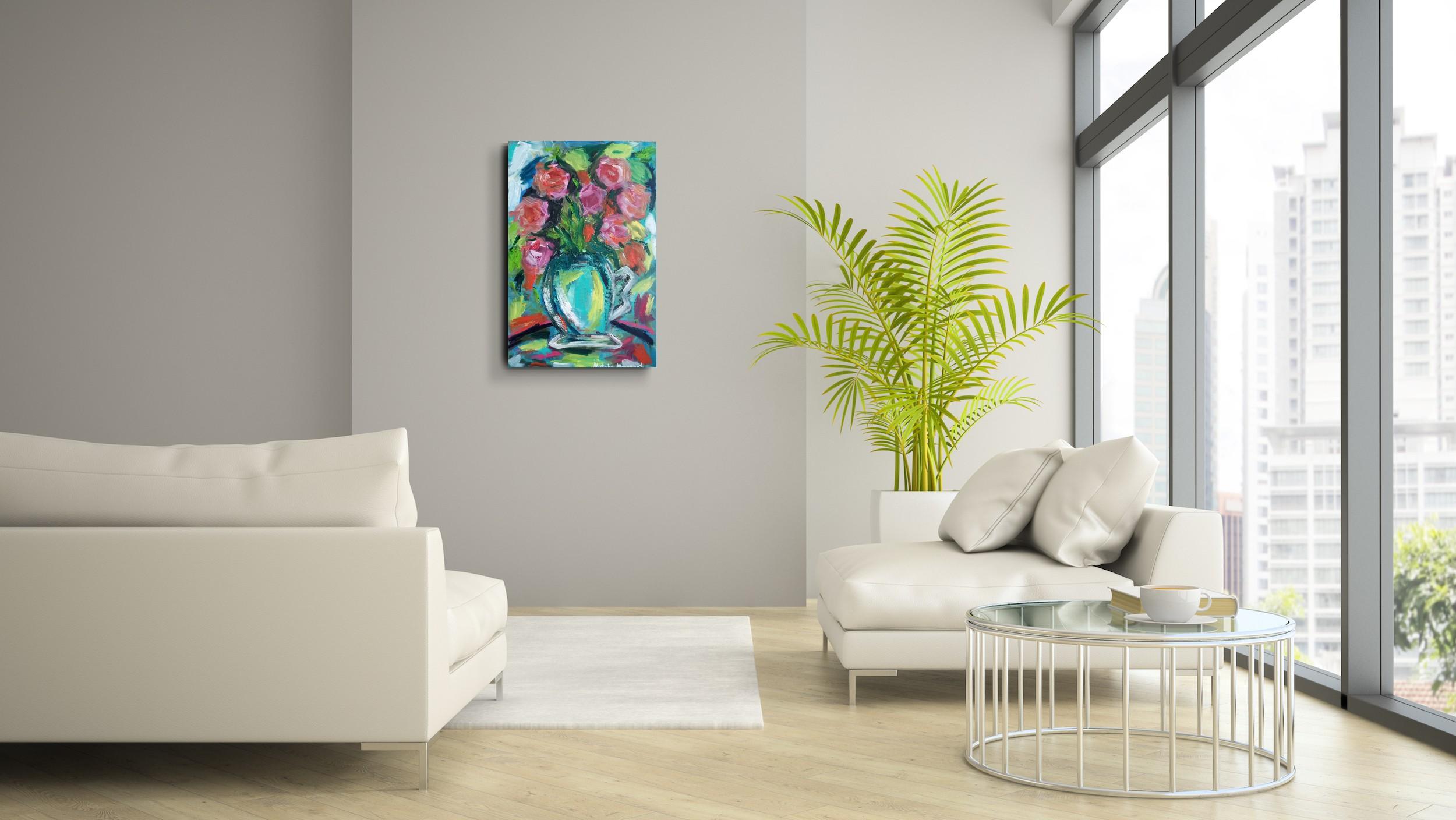 Dans cette œuvre d'art floral abstraite vibrante et expressive représentant un bouquet de fleurs dans un vase, j'expérimente le monde de la nature à travers les couleurs vives d'une période estivale.

En peignant, j'ai cherché à capturer la beauté
