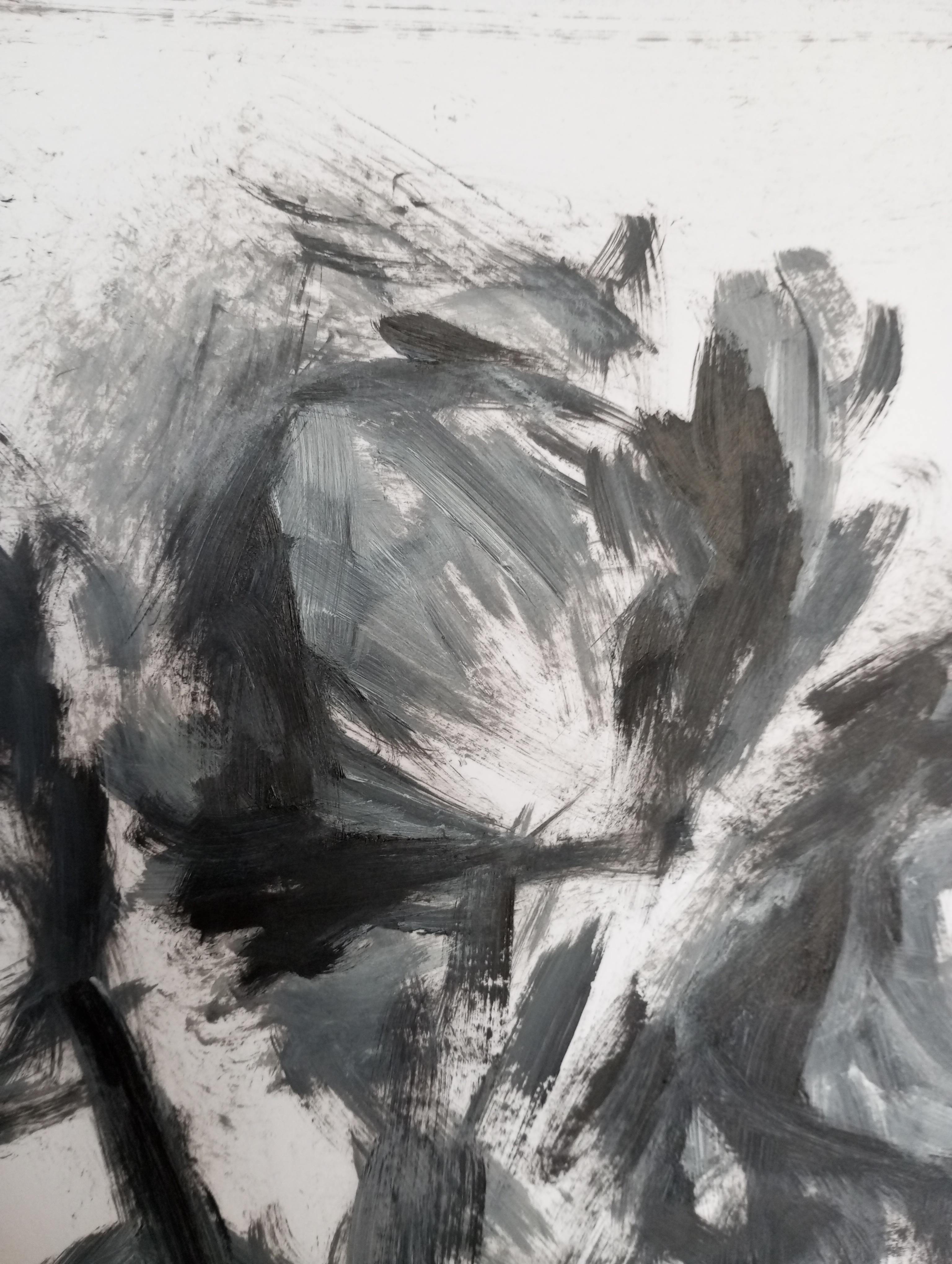 Rosa impressionista contemporanea in bianco e nero, olio su carta 