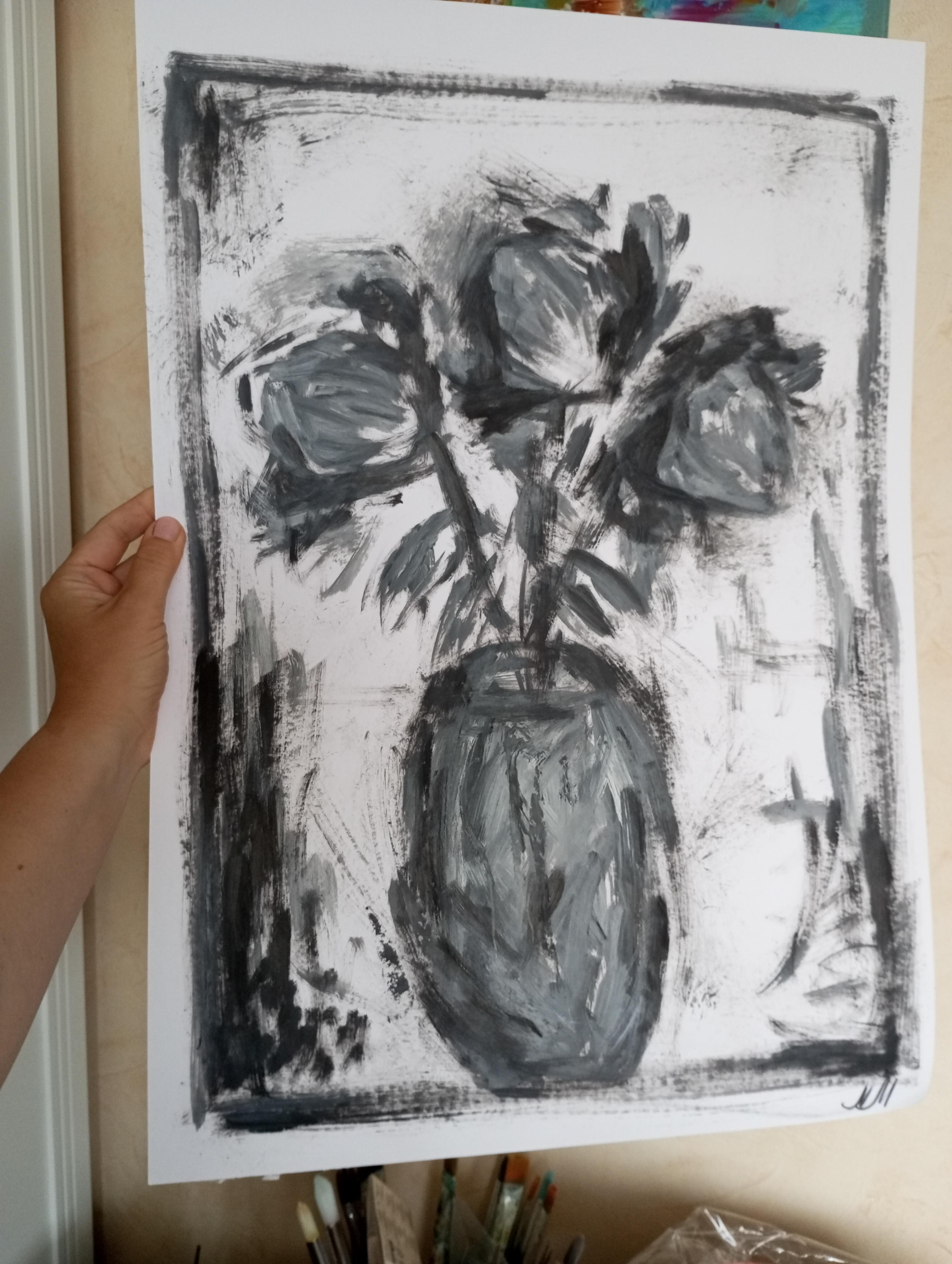 Rosa impressionista contemporanea in bianco e nero, olio su carta 
