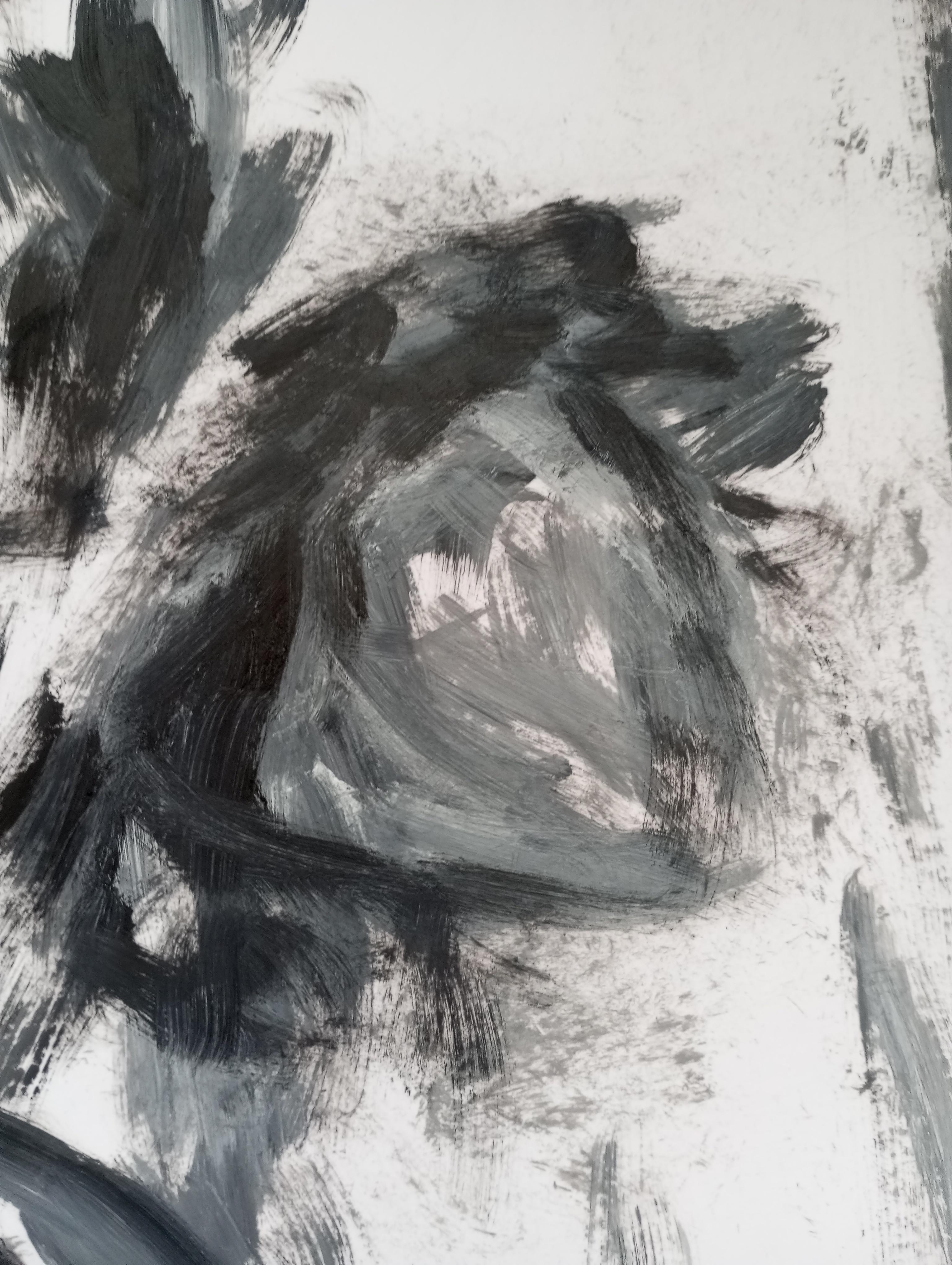 Rosa impressionista contemporanea in bianco e nero, olio su carta 