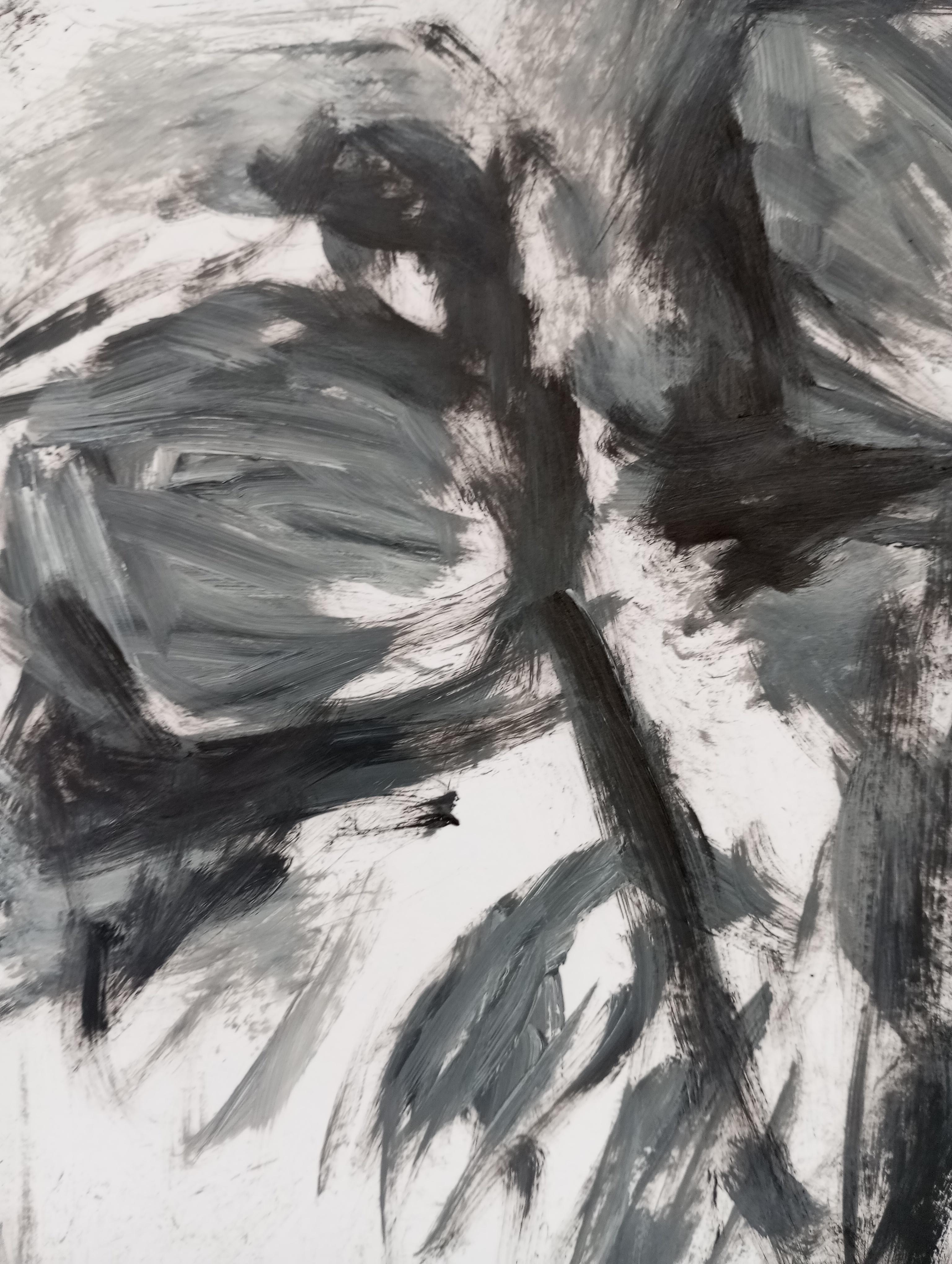 Rosa impressionista contemporanea in bianco e nero, olio su carta 