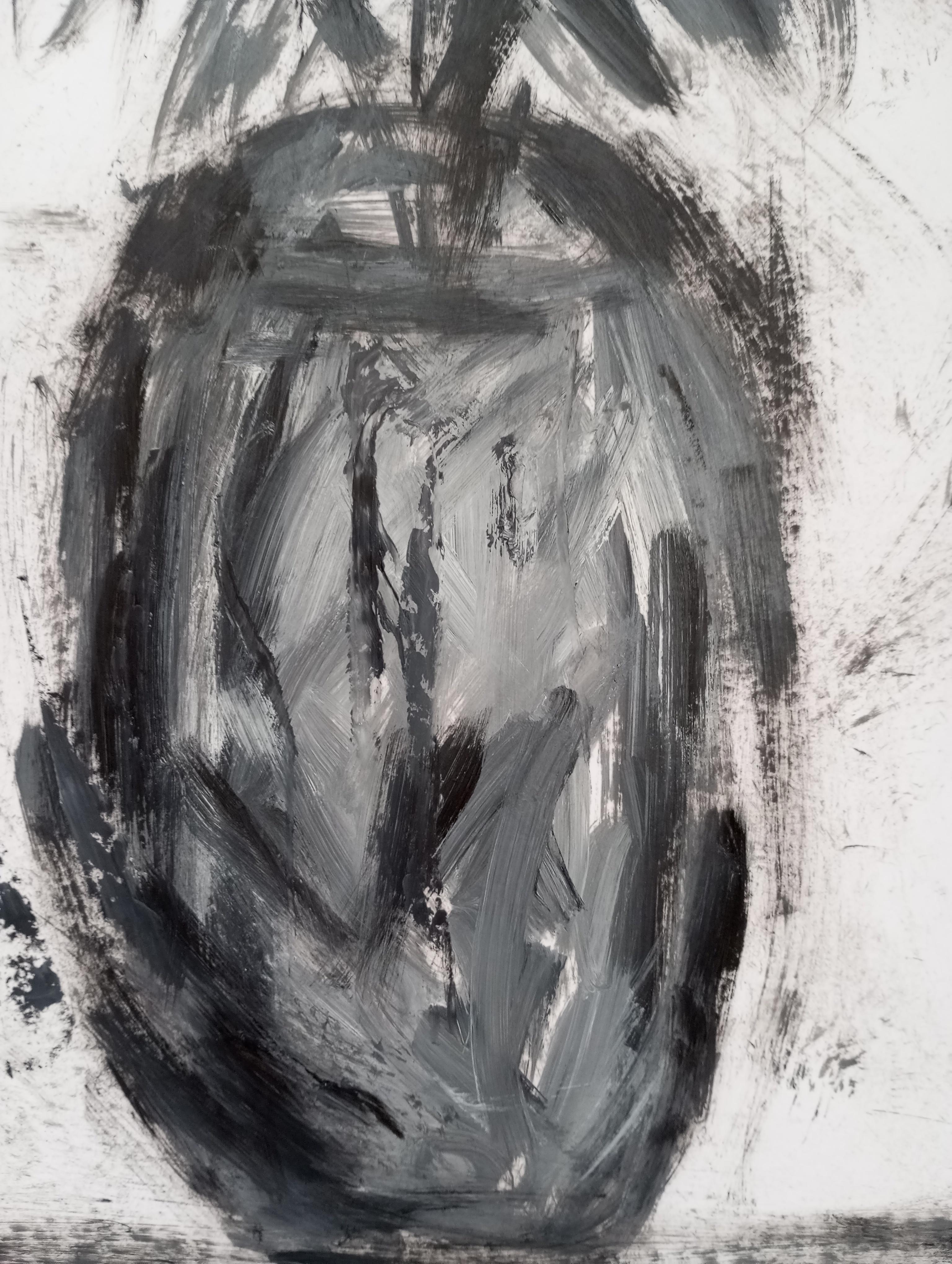 Rosa impressionista contemporanea in bianco e nero, olio su carta 