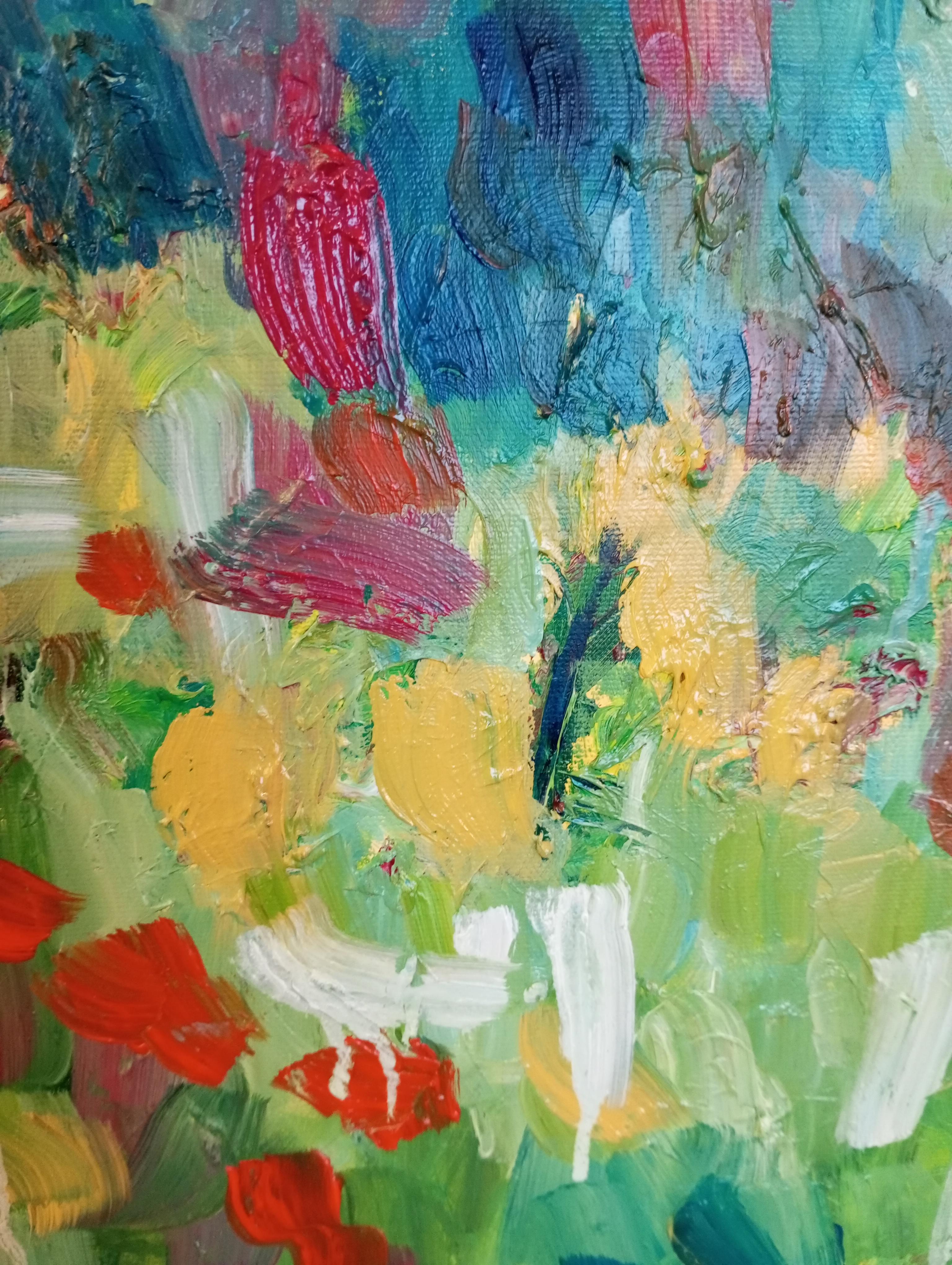 Peinture à l'huile contemporaine abstraite florale expressive sur toile 