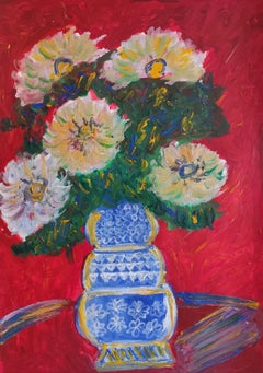 "Gerbera flowers bouquet in a blue vase"( contemporary floral art on paper)