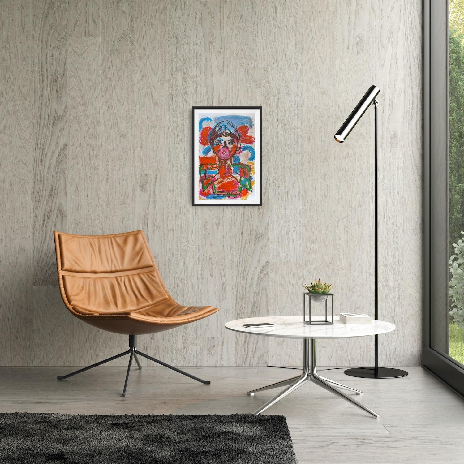 This striking artwork immediately commands attention with its bold and expressive use of color and texture.

The central figure, a boy with his strawberry Chupa Chups seemingly is  caught in a moment of playful contemplation.

The artist employs a