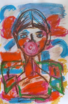 "I love my strawberry Chupa Chups" ( figurative art naive painting of a boy)