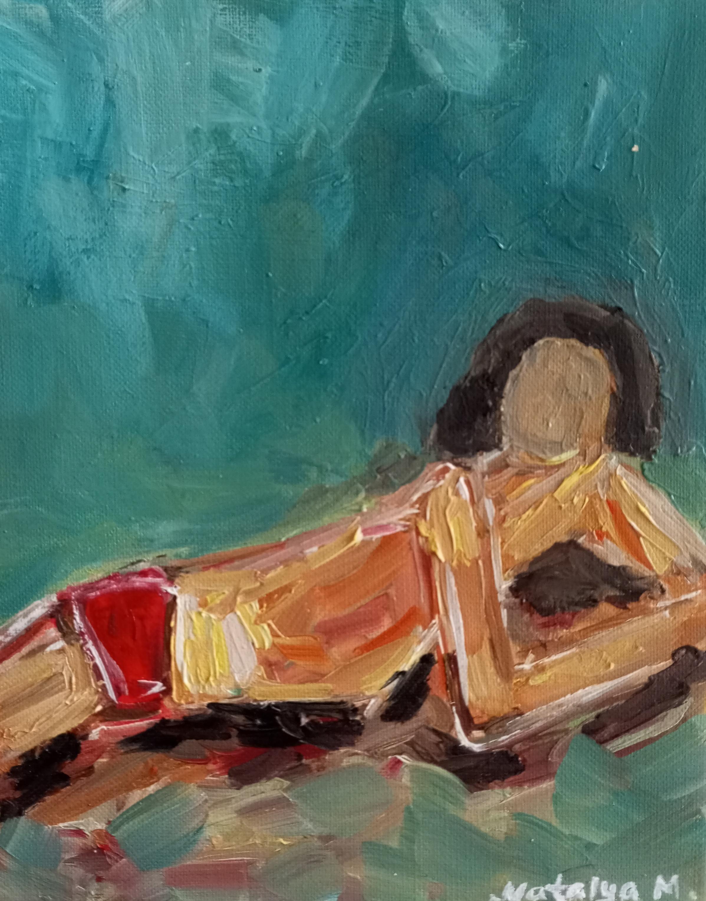 "In the moment" (dipinto a olio figurativo contemporaneo di una donna sulla spiaggia)