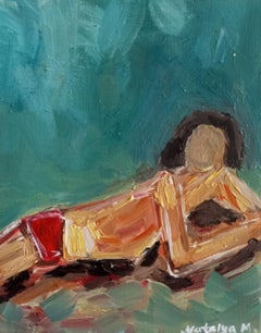 "In the moment" (dipinto a olio figurativo contemporaneo di una donna sulla spiaggia)