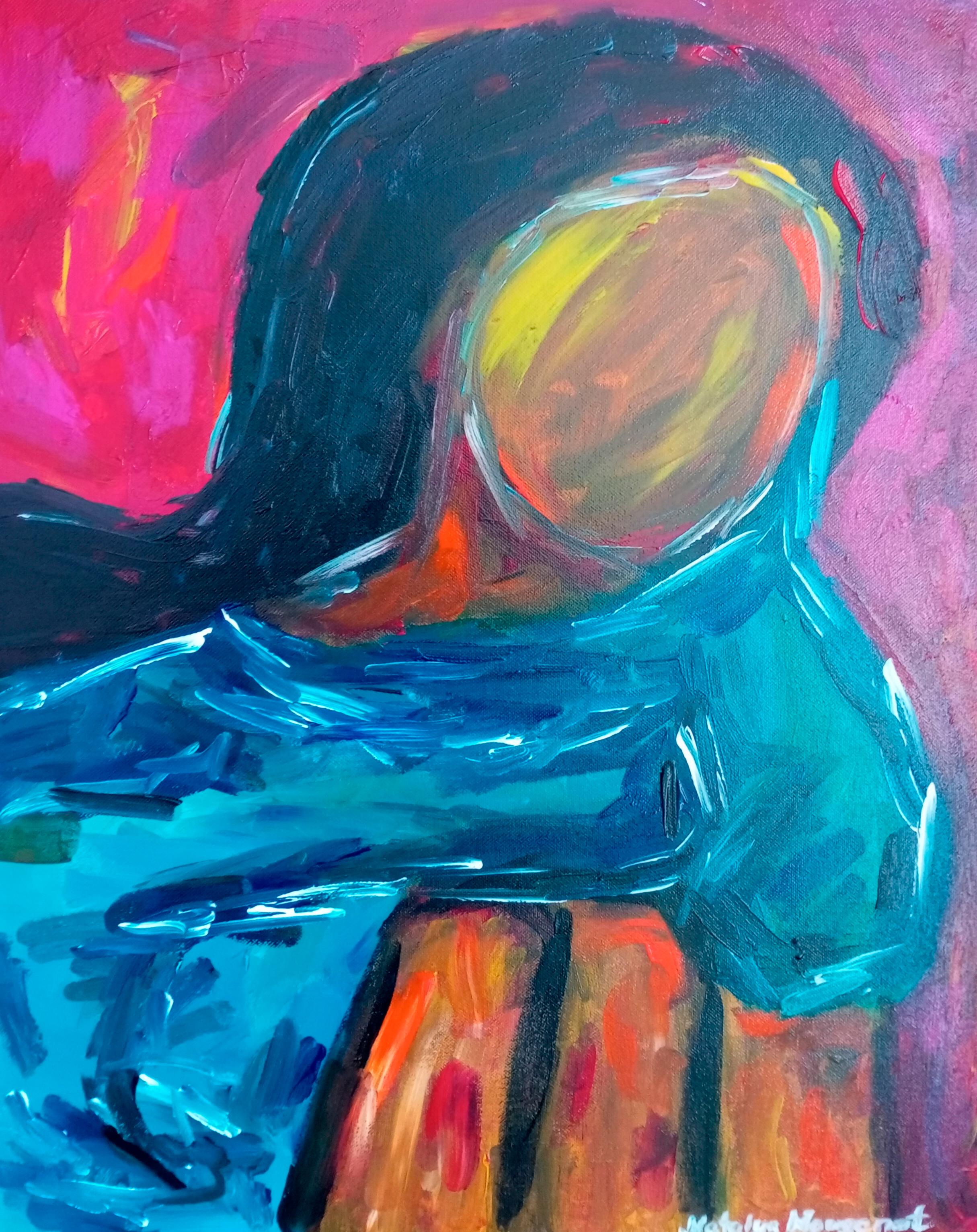 Natalya Mougenot  Portrait Painting - "Integrity " (woman with head on knees_vivid colors modern painting on canvas)