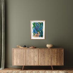 Contemporary impressionist floral painting on paper "Irises in a terracotta pot"