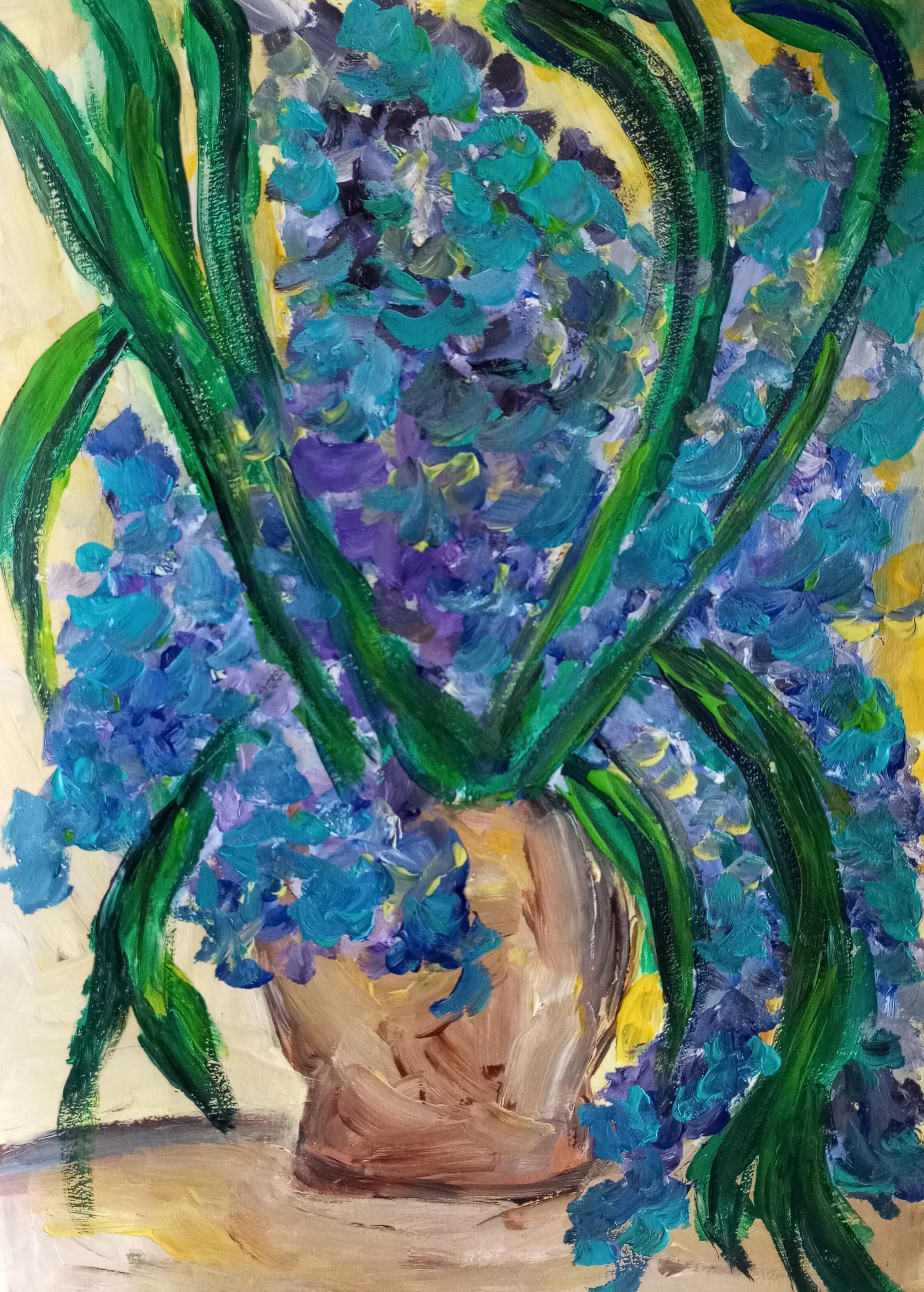 Natalya Mougenot  Figurative Art - Irises in a terracotta pot
