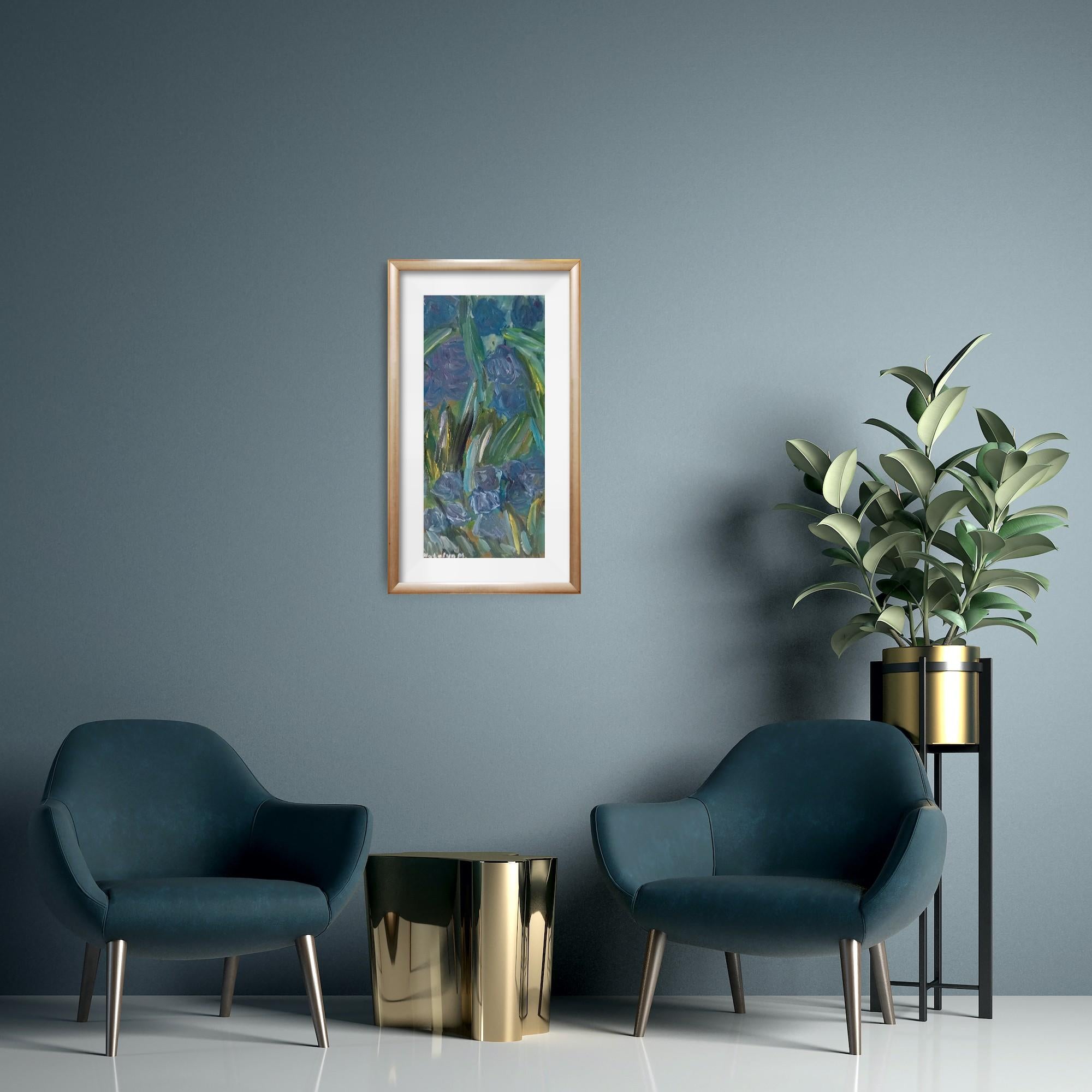 Questo quadro con iris in fiore in giardino è uno squisito esempio di astrazione espressiva che cattura immediatamente l'osservatore con le sue pennellate dinamiche e la sua tavolozza vivace.  Questo quadro si ispira all'eredità artistica di Vincent