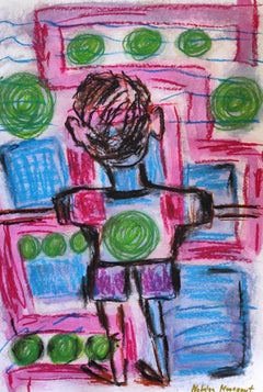"It's time for football" (figurative art naive painting of a boy)