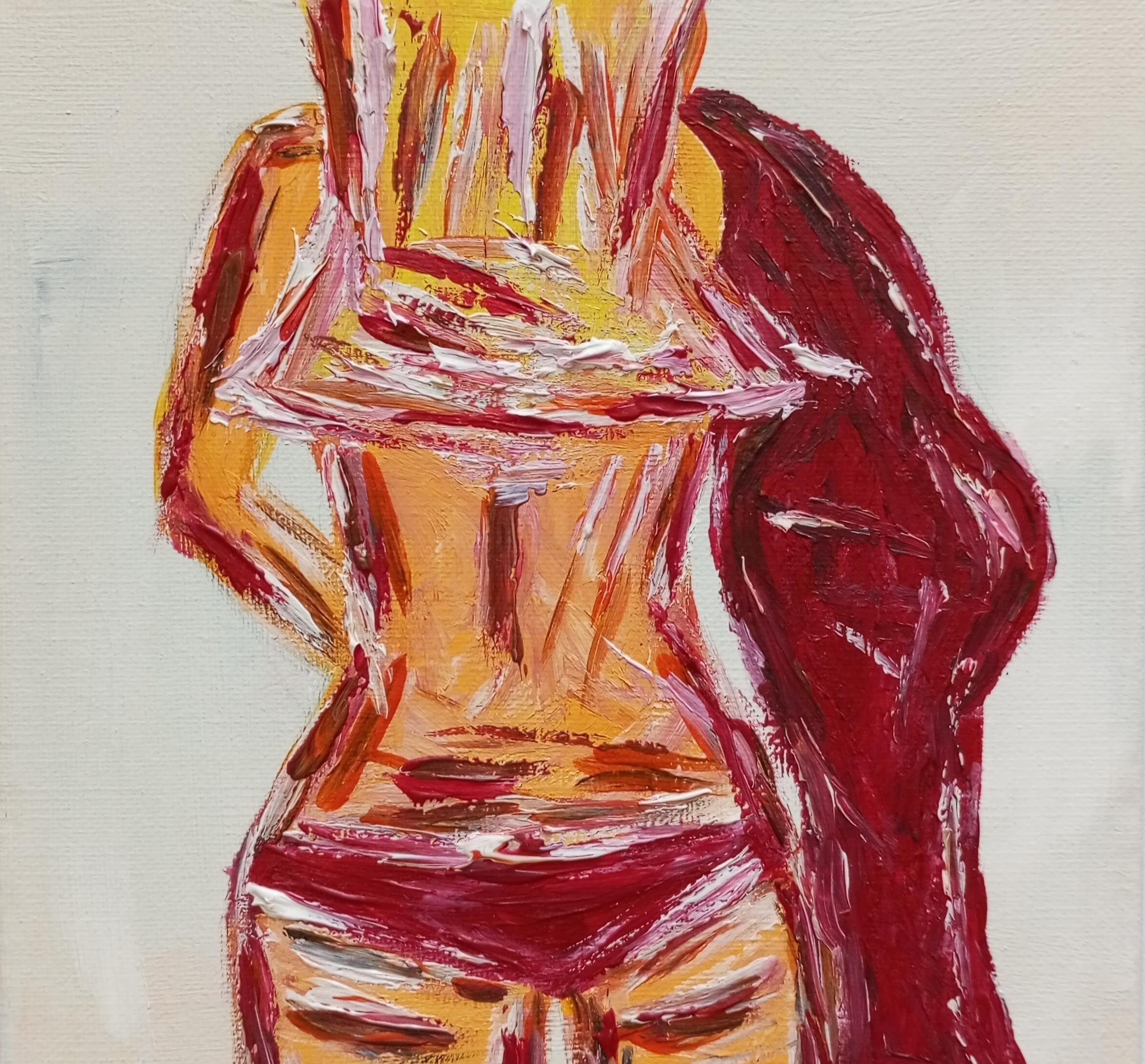 "Sólo yo" (pequeño cuadro acrílico de arte figurativo naif de una mujer)