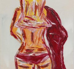 Frau mit ihrem roten Seidenkleid, kleines Gemälde  auf Leinwand "Nur ich"