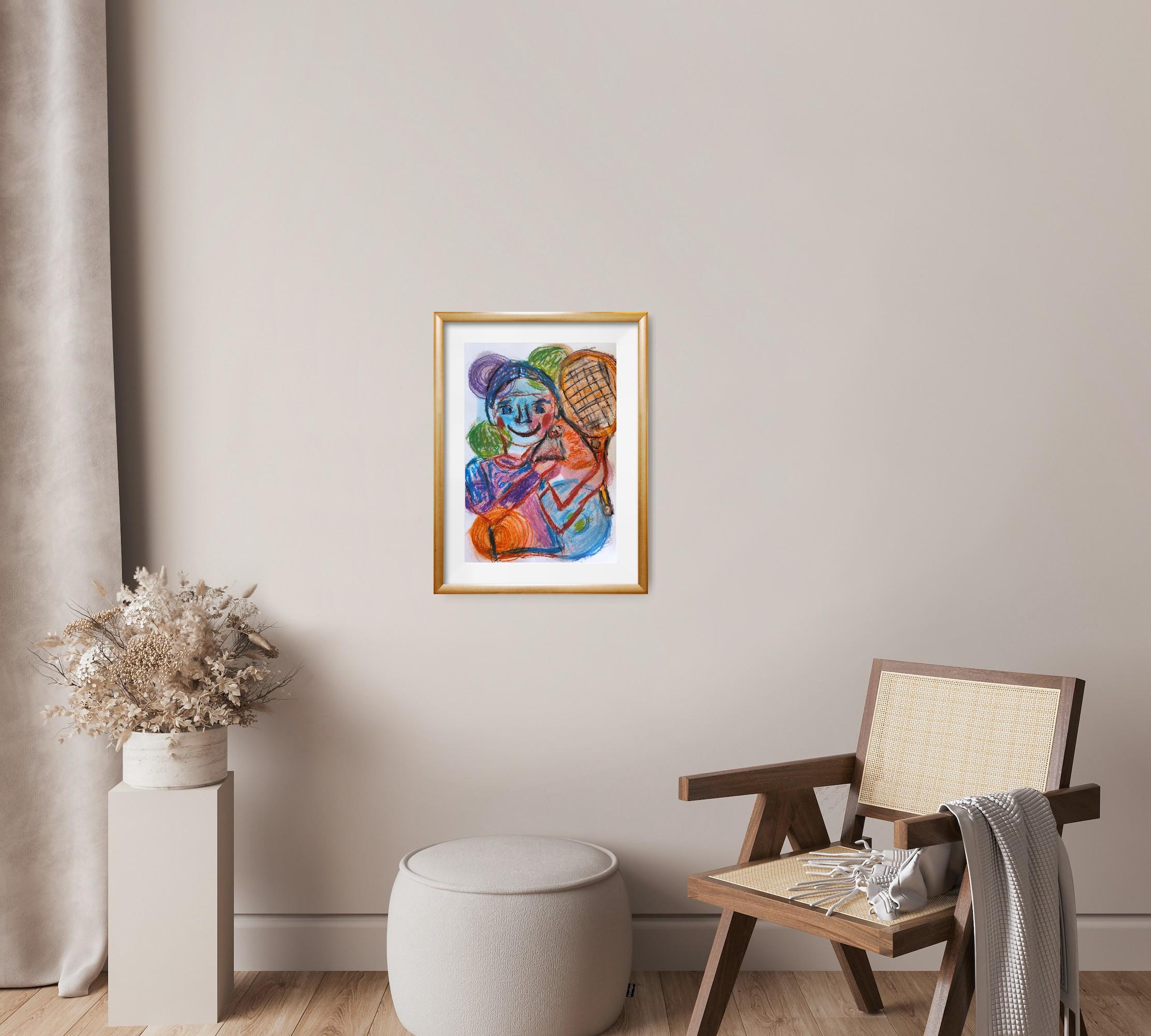 Questa opera d'arte vibrante e accattivante è una celebrazione del colore e dell'espressione, resa in uno stile decisamente giocoso che ricorda la meraviglia infantile.
La composizione è incentrata su un ragazzo che impugna con gioia una racchetta