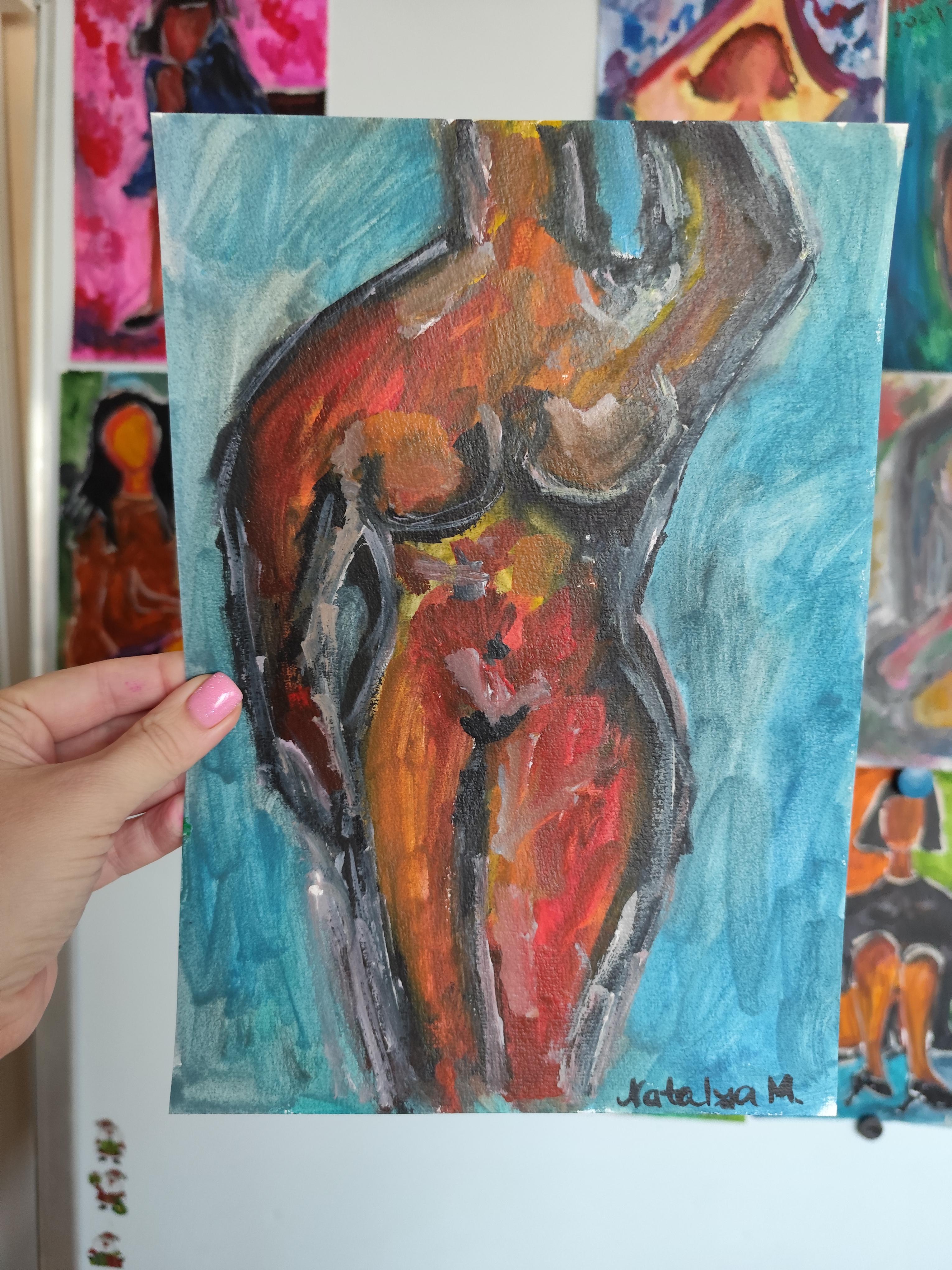 Quadro figurativo astratto ed espressivo contemporaneo di una donna all'acquerello in vendita 6