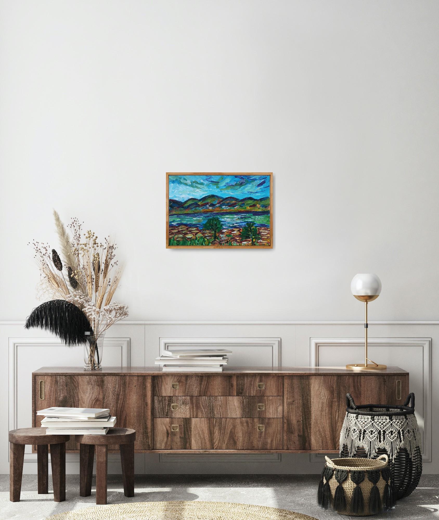Paesaggio impressionista contemporaneo Nature dipinto ad acquerello su carta - Landscape Painting Blu di Natalya Mougenot 