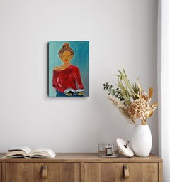 "Meditación" (pintura figurativa contemporánea de mujer con un libro)