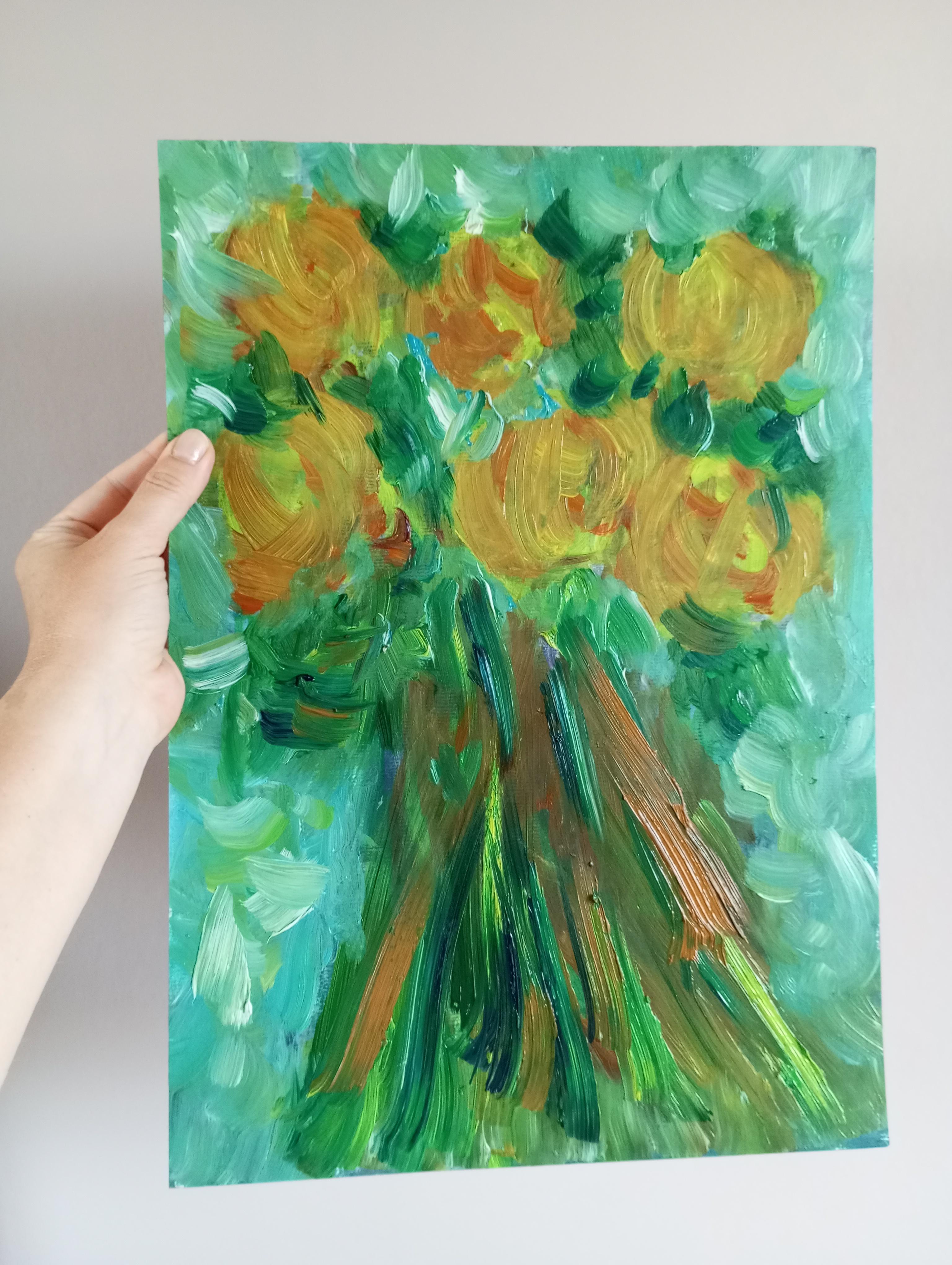 Pintura al óleo contemporánea impresionista abstracta floral tulipanes papel 