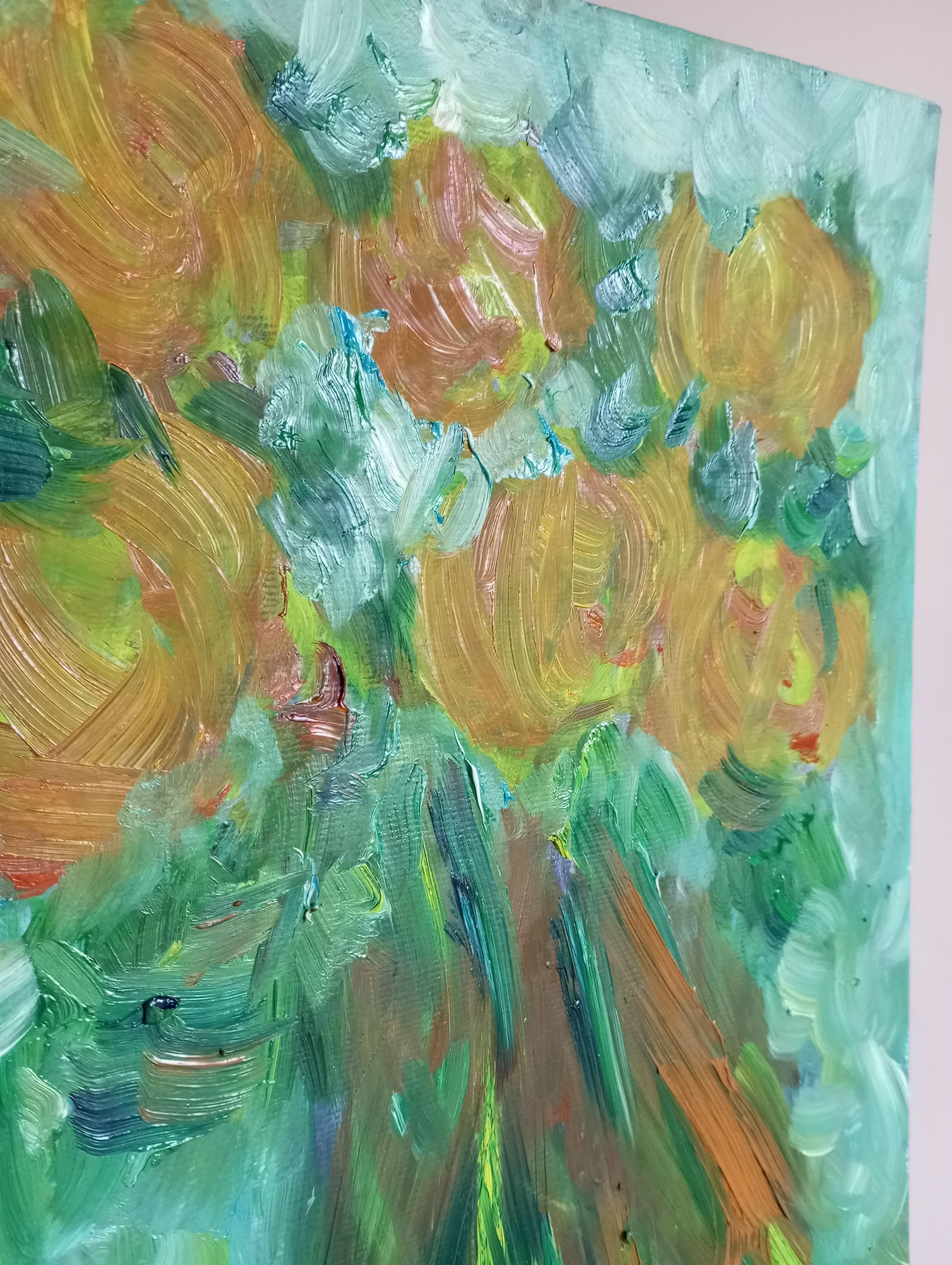 Óleo floral impresionista contemporáneo sobre papel.

