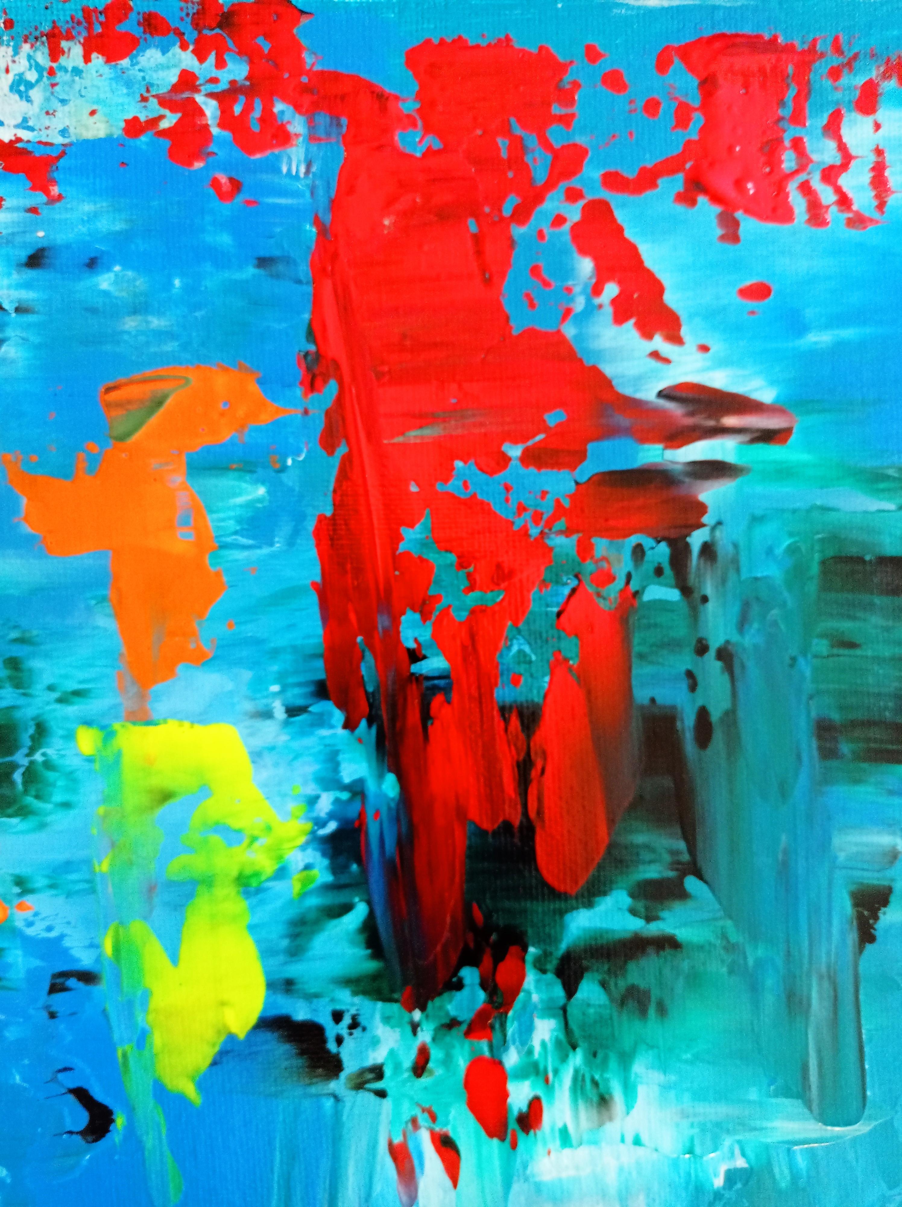Questo quadro astratto contemporaneo dai colori vivaci è stato creato dall'artista francese Natalya Mougenot. Fa parte del suo ultimo lavoro, una nuova e suggestiva collezione di dipinti astratti ispirati al tema profondo della 