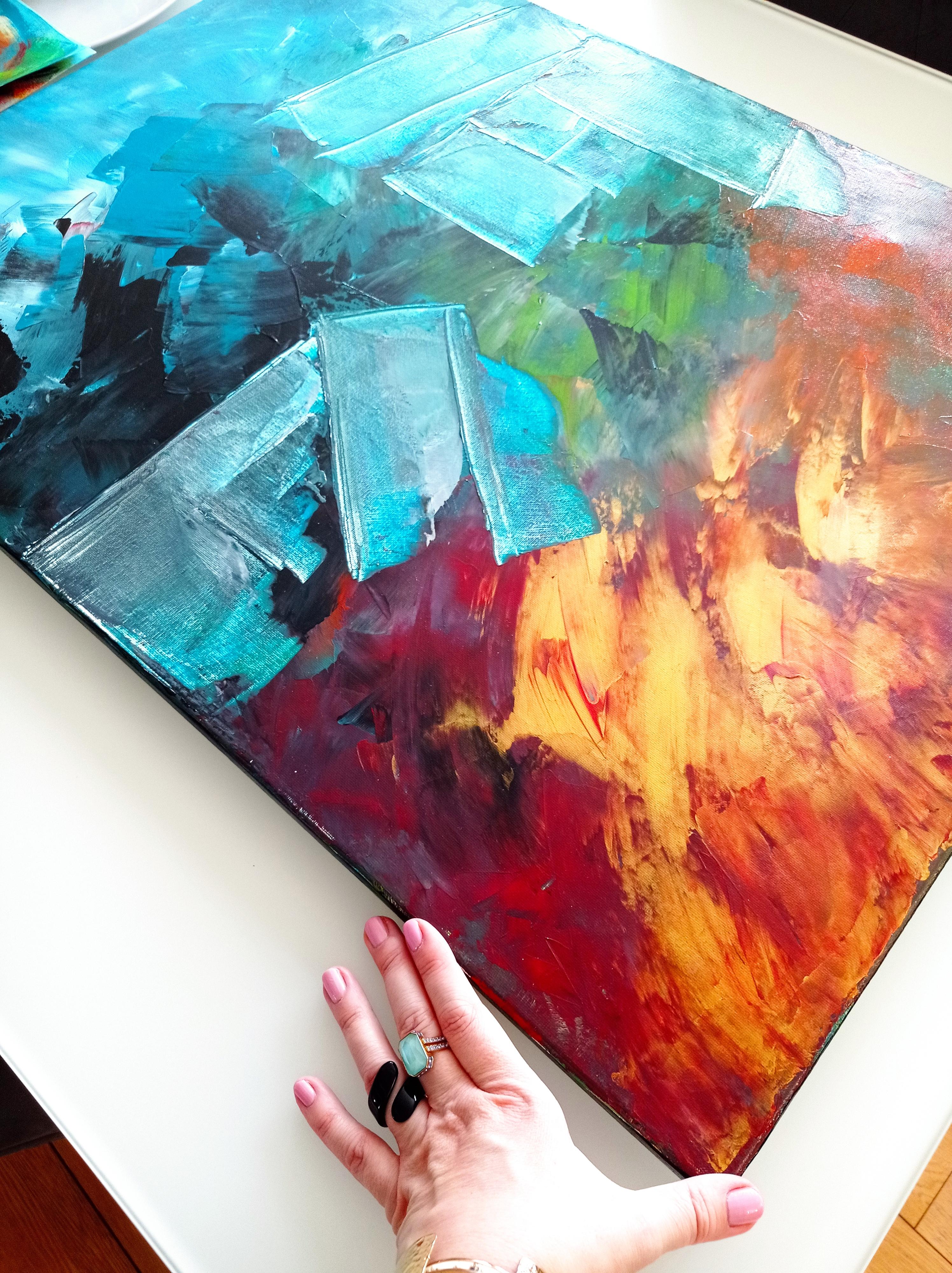 Contemporary abstract expressionist blue painting with forms  