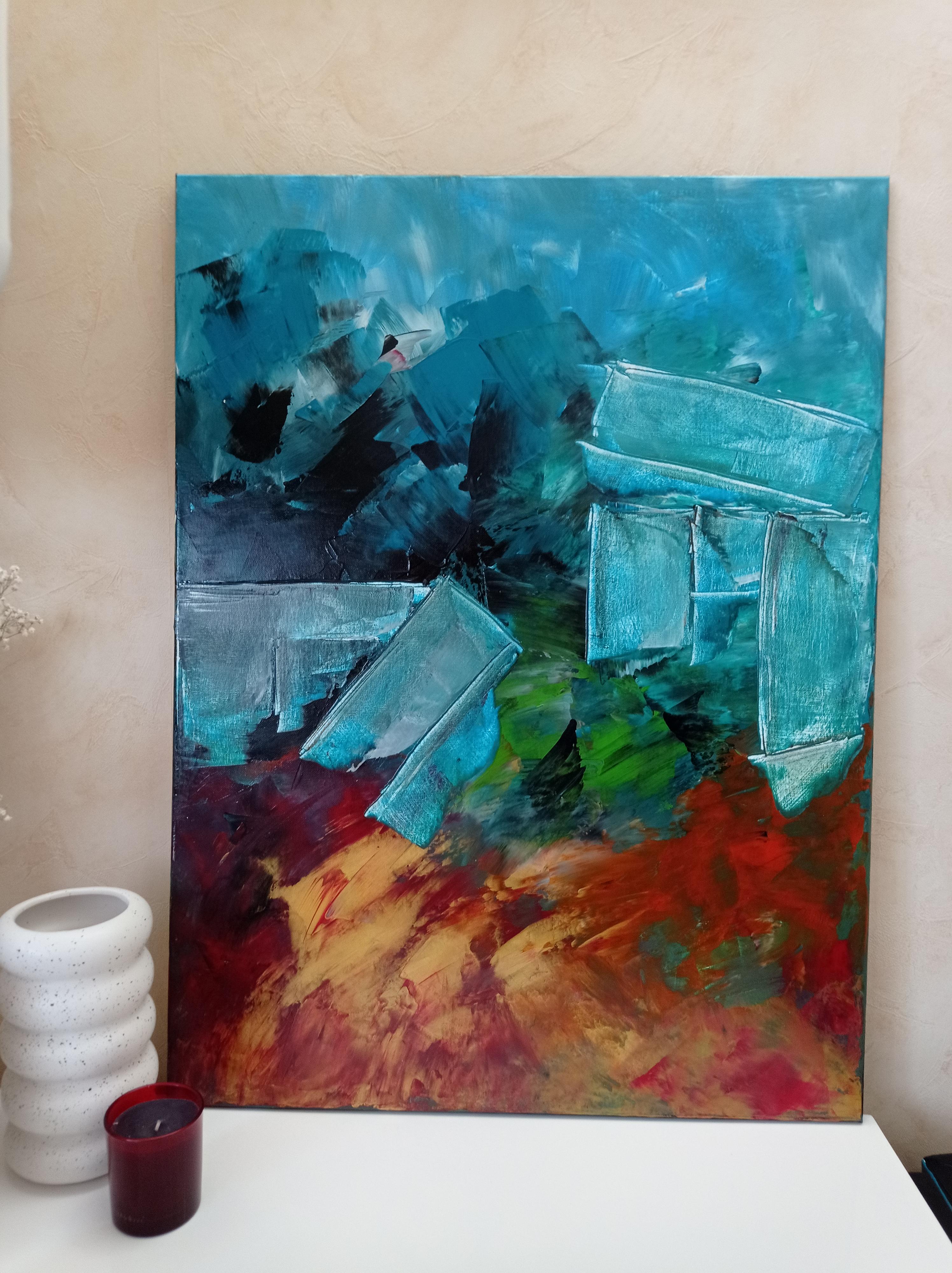 Contemporary abstract expressionist blue painting with forms  